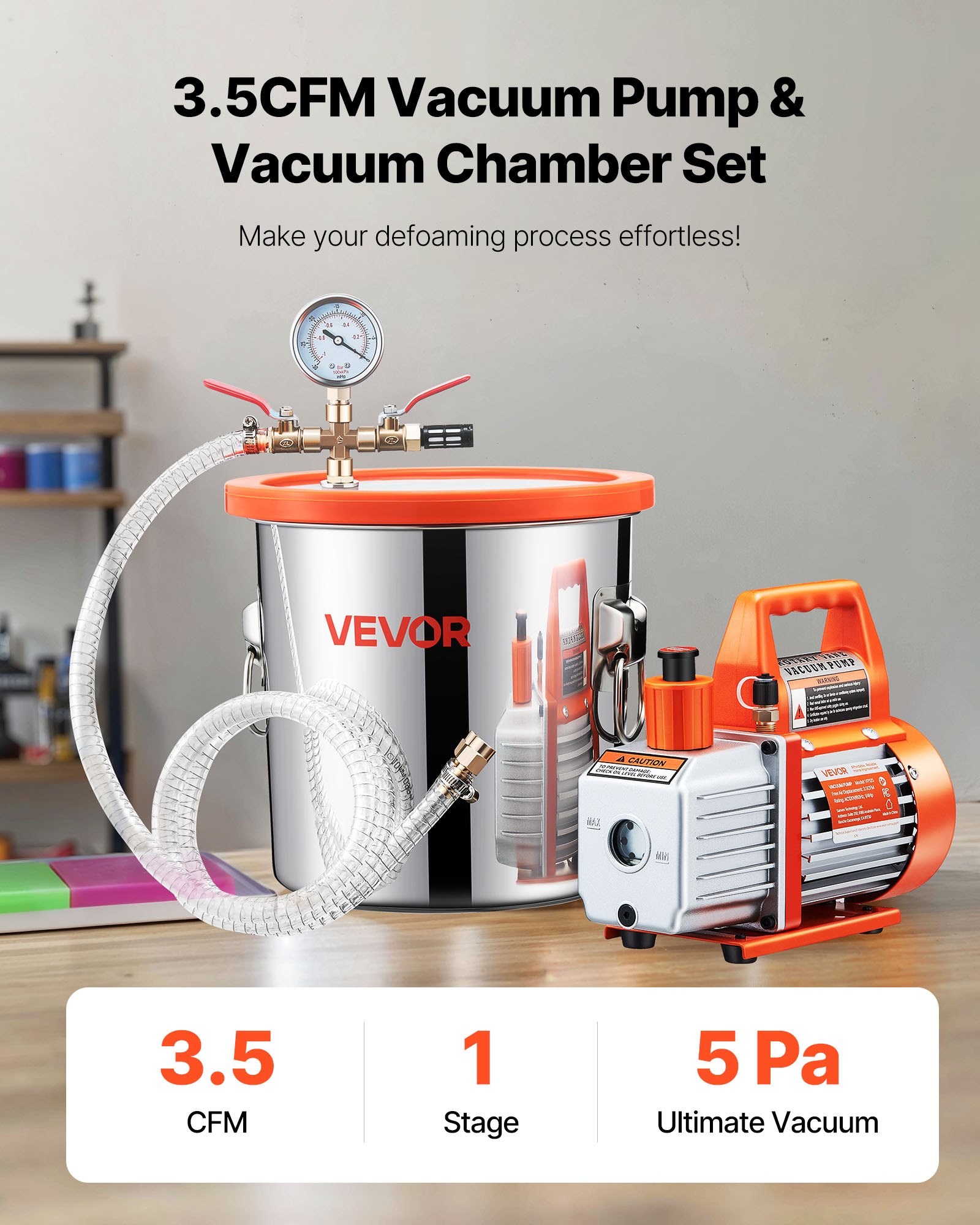 VEVOR 11.36L Vacuum Chamber Kit with 110 L/min Pump, Stainless Steel, Glass Lid, Hose, Oil – for Resin, Wood, Silicone Degassing - Зображення 2