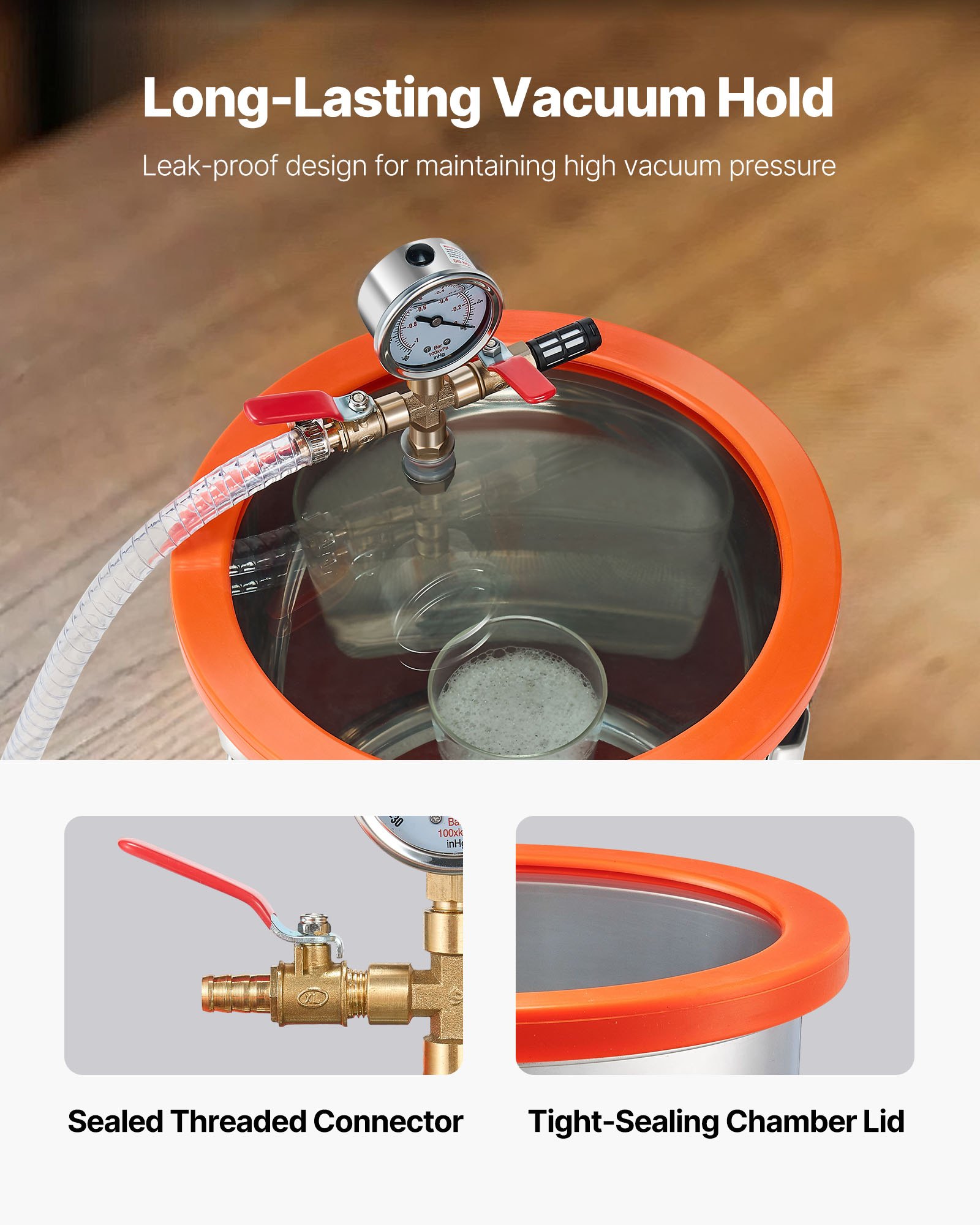 VEVOR 11.36L Vacuum Chamber Kit with 110 L/min Pump, Stainless Steel, Glass Lid, Hose, Oil – for Resin, Wood, Silicone Degassing - Зображення 3