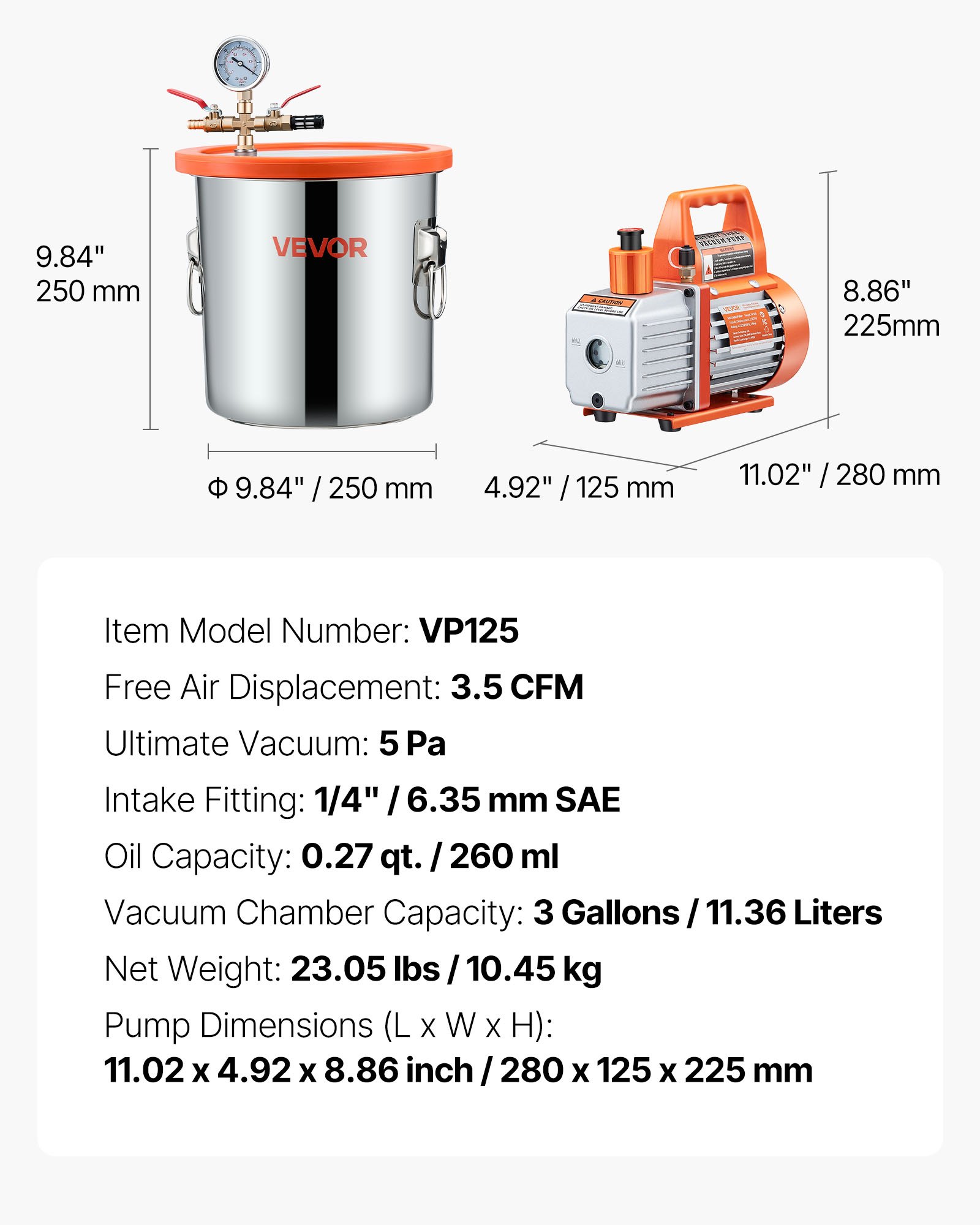VEVOR 11.36L Vacuum Chamber Kit with 110 L/min Pump, Stainless Steel, Glass Lid, Hose, Oil – for Resin, Wood, Silicone Degassing - Зображення 7