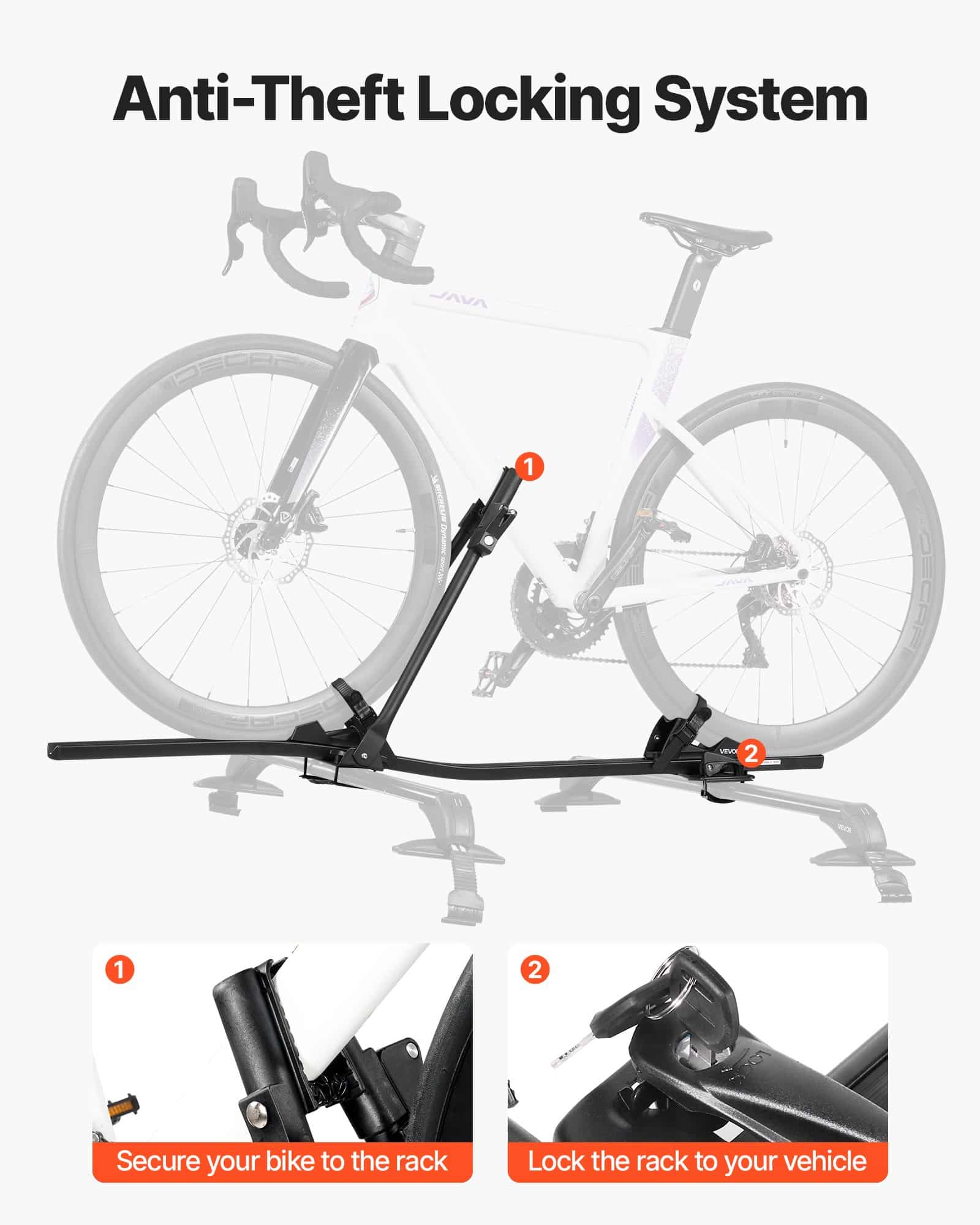 VEVOR Aluminum Roof Bike Rack, 15 kg Capacity, Fits 20–29'' Wheels, Locking System, for 1 Bike, Universal Mount for Car/SUV, Black - Pilt 4