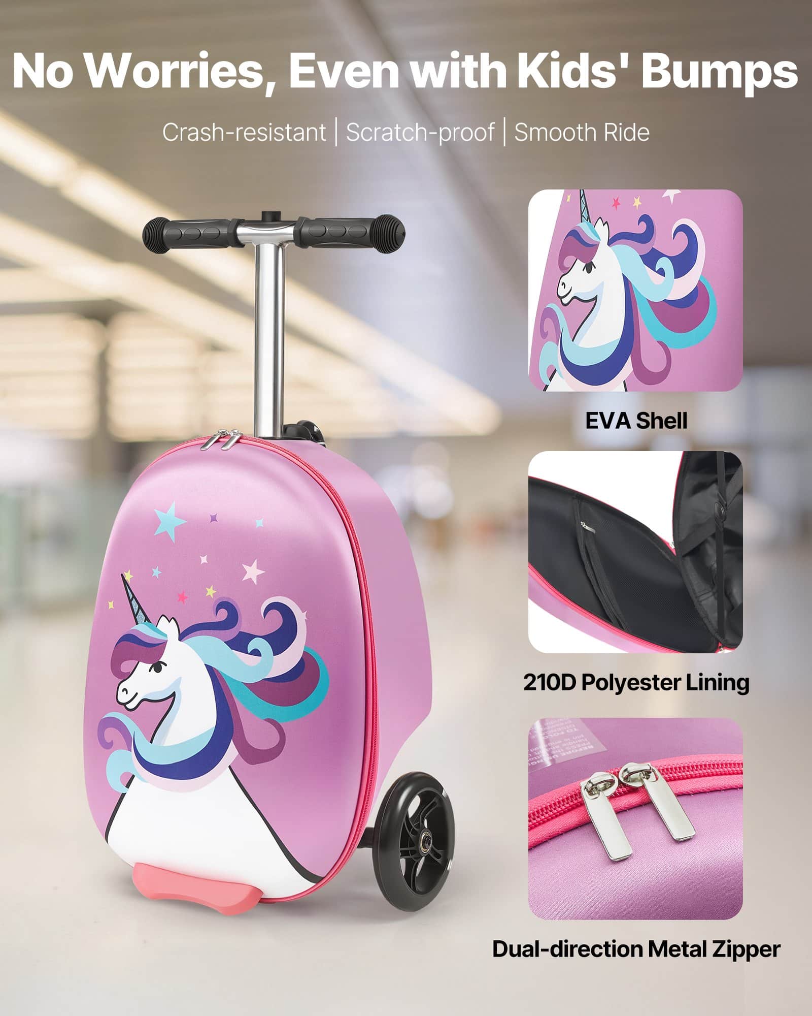 VEVOR Kids Ride-On Scooter Luggage 20L, Foldable Carry-On Suitcase with Flash Wheels & Adjustable Handle, Age 5+, Purple - Image 2