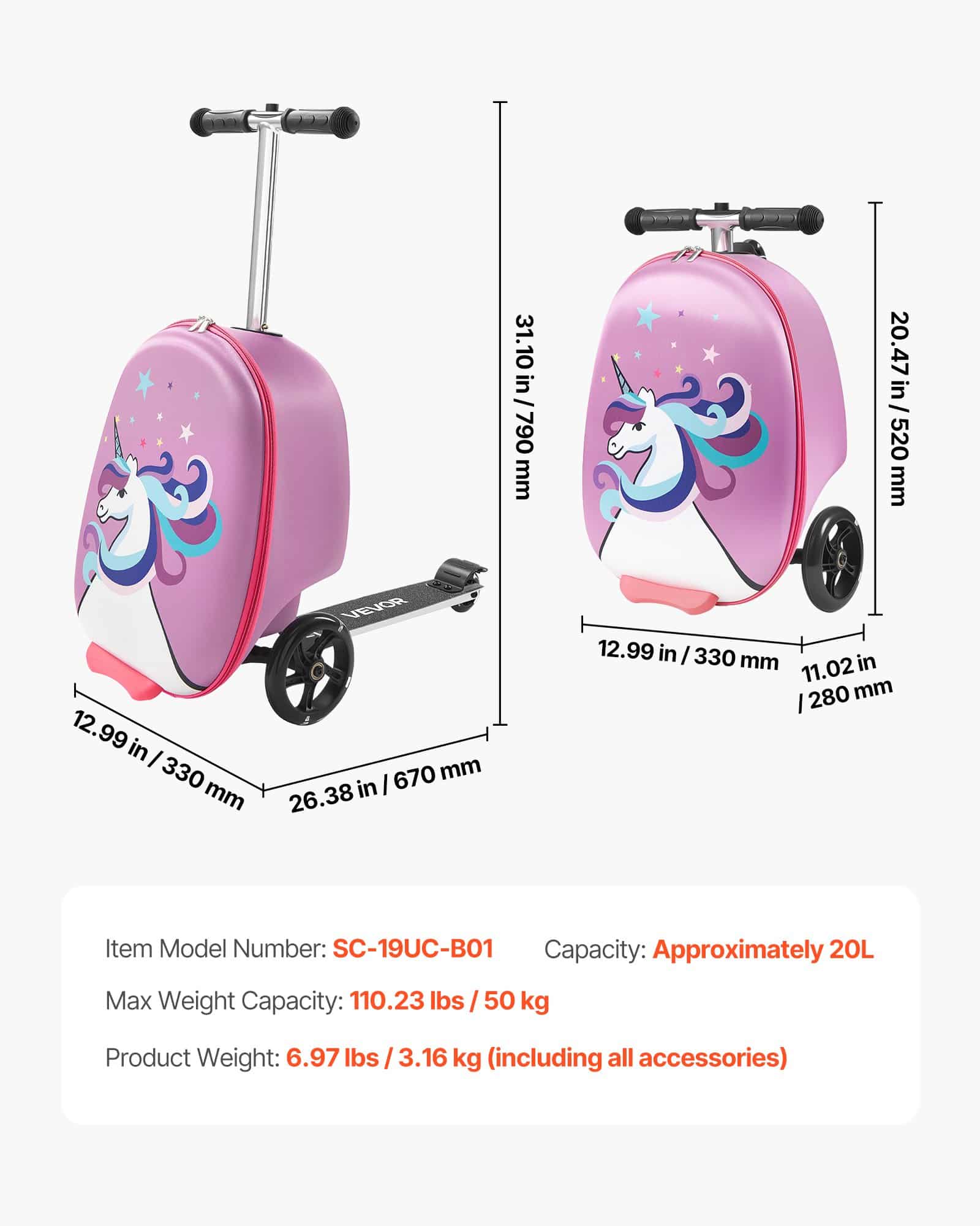 VEVOR Kids Ride-On Scooter Luggage 20L, Foldable Carry-On Suitcase with Flash Wheels & Adjustable Handle, Age 5+, Purple - Image 7