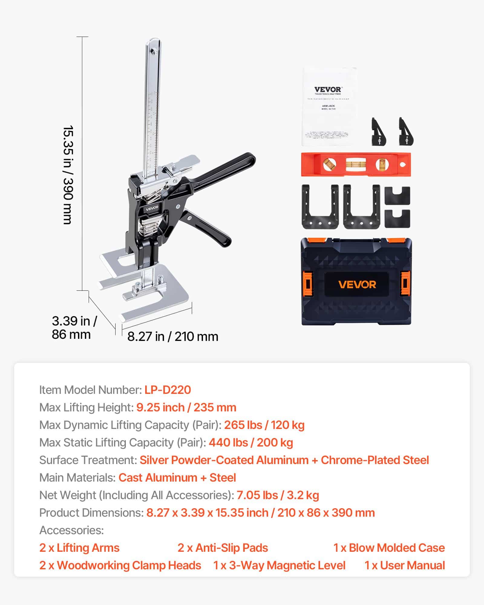 VEVOR 2 PCS Labor Saving Arm Jack, 200 kg Load, 235 mm Lift, Metal Hand Tool with Magnetic Level, for Doors, Furniture, Woodwork - Pilt 7