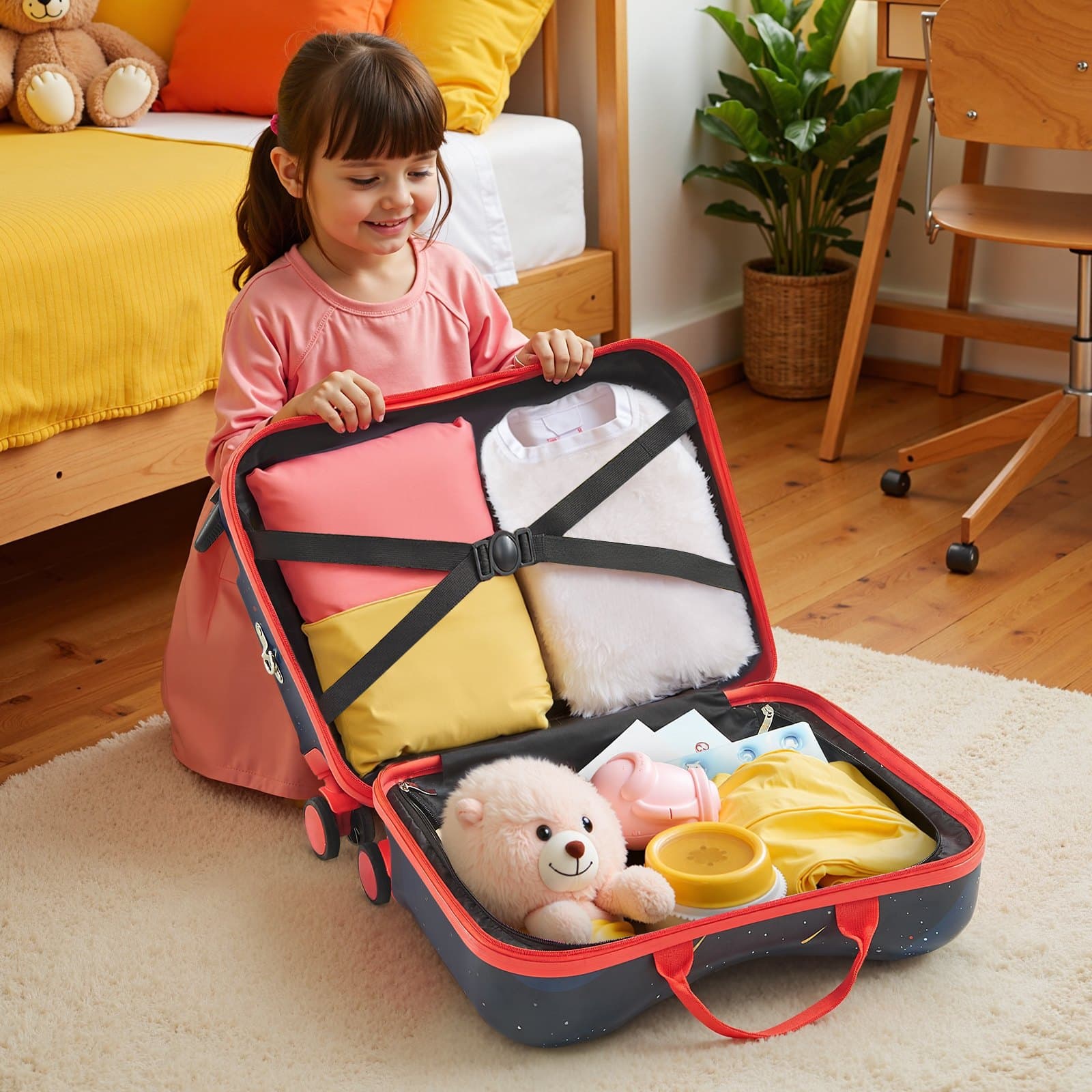 VEVOR 26L Ride-On Kids Suitcase, 47cm Carry-On Luggage with Wheels, Adjustable Strap, Lightweight for Boys & Girls 3+, Blue/White — attēls 8