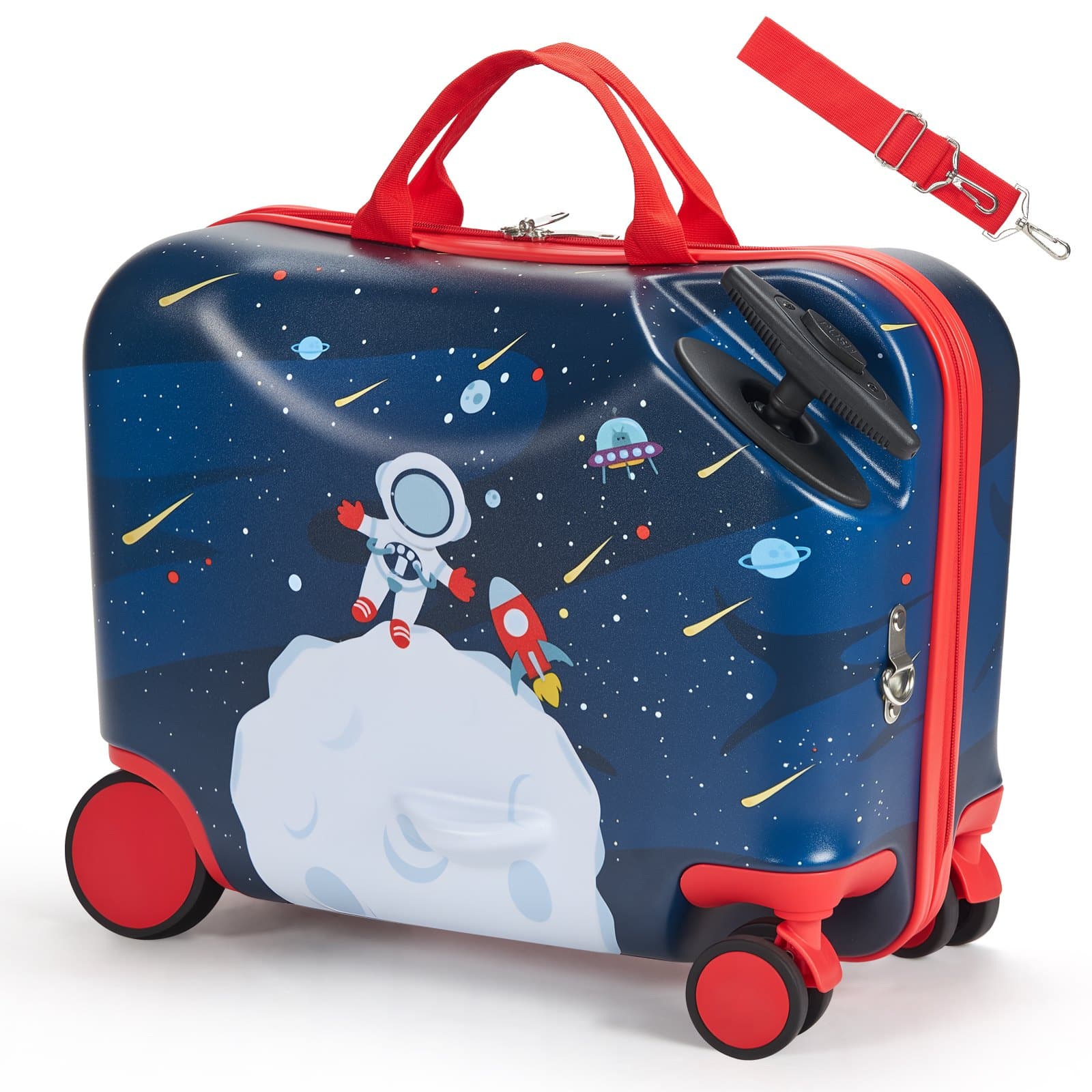 VEVOR 26L Ride-On Kids čemodāns, 47cm Carry-On Bagāža ar riteņiem, Regulējama siksna, Viegls zēniem & meitenēm 3+, Zils/Balts