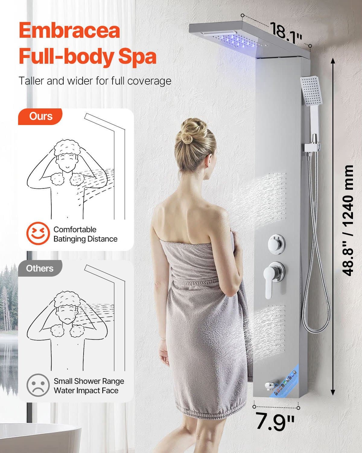 VEVOR 135cm Wall-Mount Stainless Steel LED Shower Panel with Rainfall, Waterfall, Body Jets, Handheld & Tub Spout — изображение 2