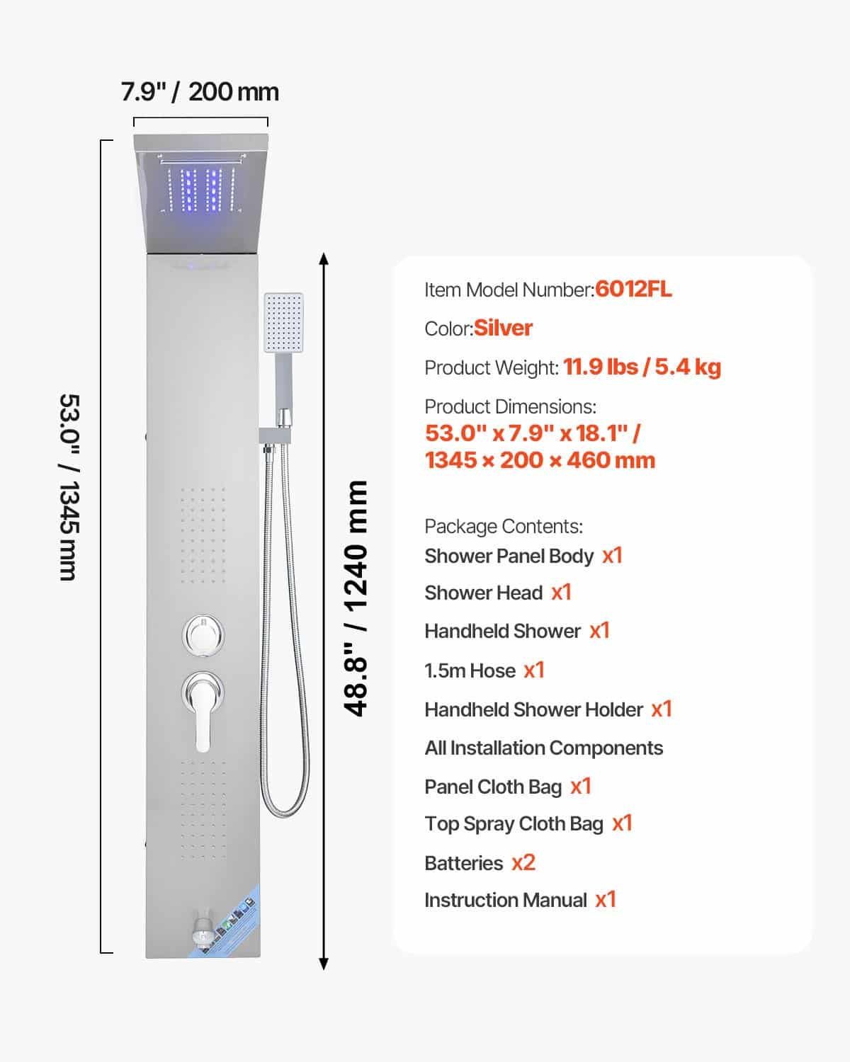 VEVOR 135cm Wall-Mount Stainless Steel LED Shower Panel with Rainfall, Waterfall, Body Jets, Handheld & Tub Spout — изображение 7