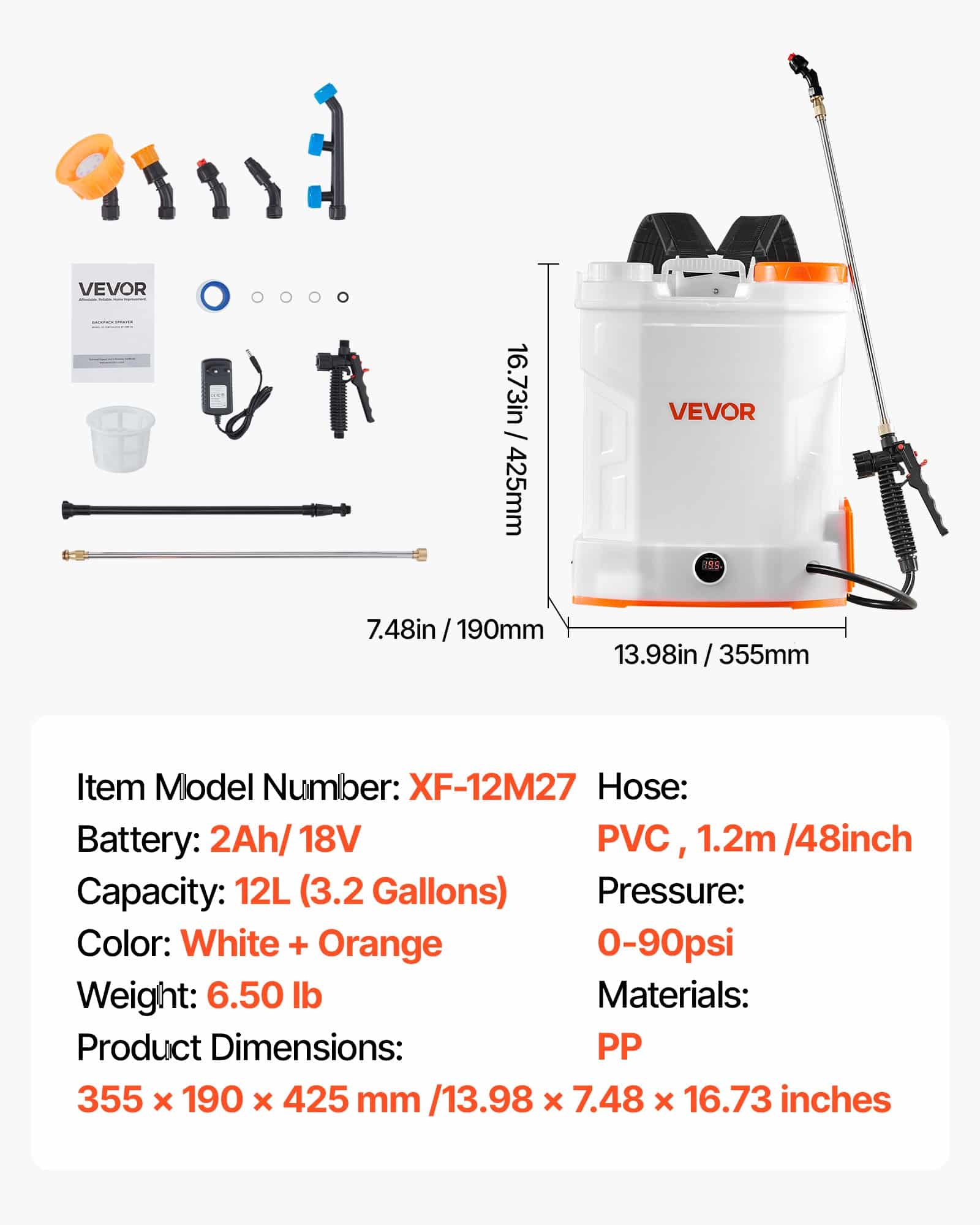 VEVOR 12L Electric Backpack Sprayer with Battery, 0–6.2 Bar Pressure, 5 Nozzles, 2 Wands, 2h Runtime, for Garden & Lawn - Pilt 7