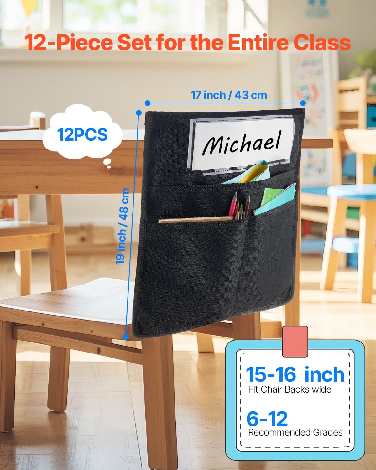 VEVOR 12-Pack Chair Pockets for Classroom, Black 43x48cm Organizer with Name Tag for Grades 6-12, Durable Oxford Fabric — изображение 2