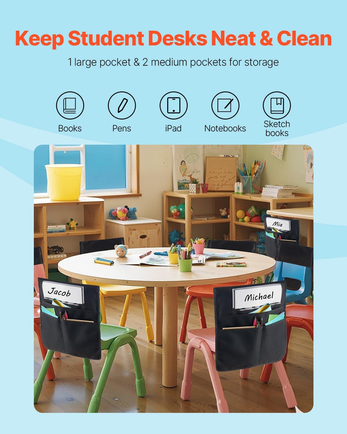 VEVOR 12-Pack Chair Pockets for Classroom, Black 43x48cm Organizer with Name Tag for Grades 6-12, Durable Oxford Fabric — изображение 3