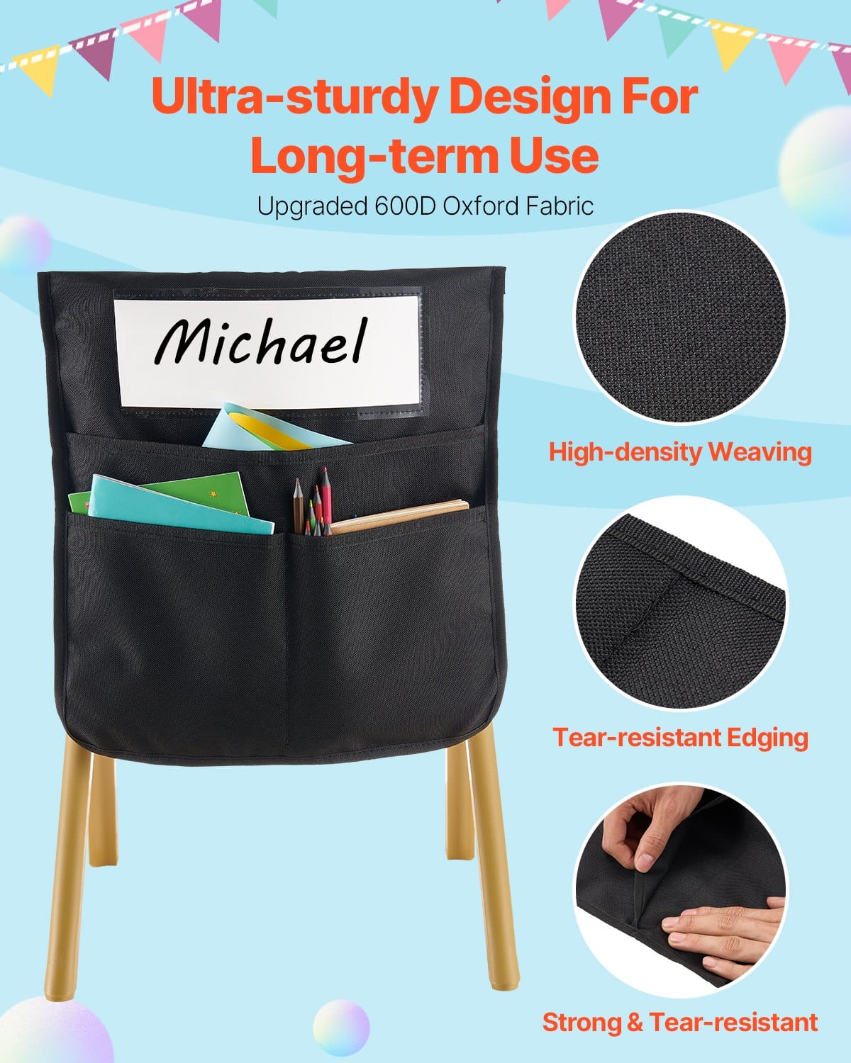 VEVOR 12-Pack Chair Pockets for Classroom, Black 43x48cm Organizer with Name Tag for Grades 6-12, Durable Oxford Fabric — изображение 4