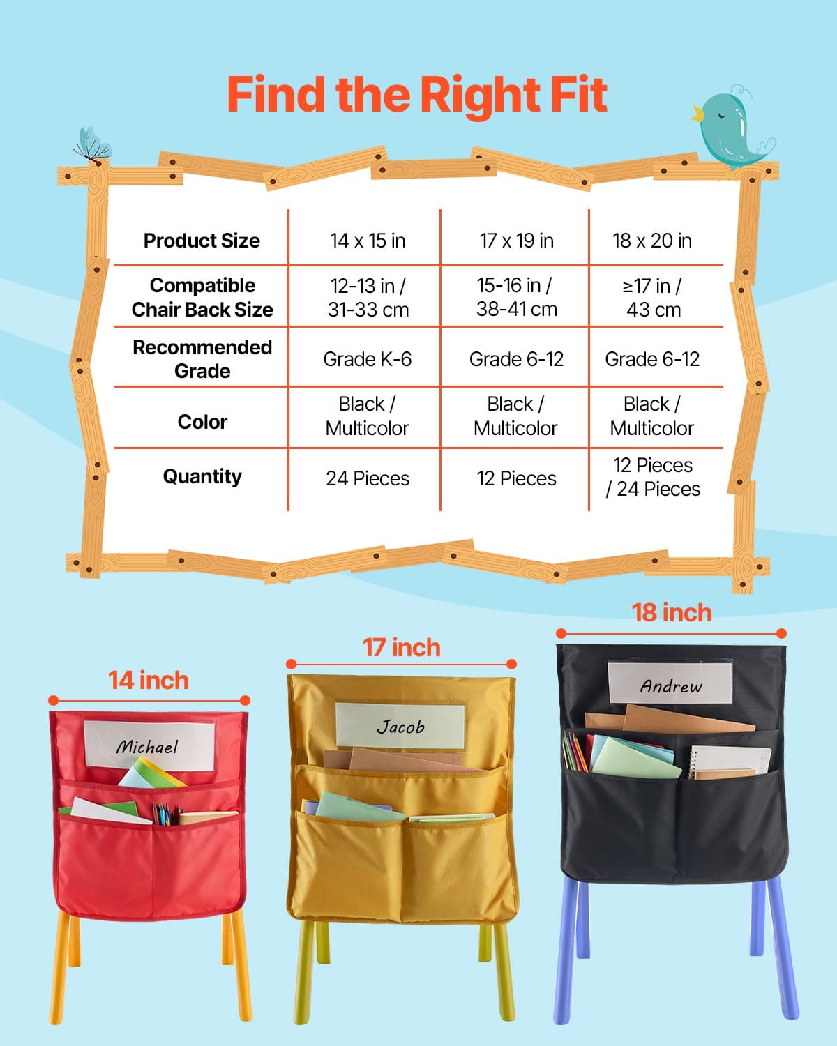 VEVOR 12-Pack Chair Pockets for Classroom, Black 43x48cm Organizer with Name Tag for Grades 6-12, Durable Oxford Fabric — изображение 6