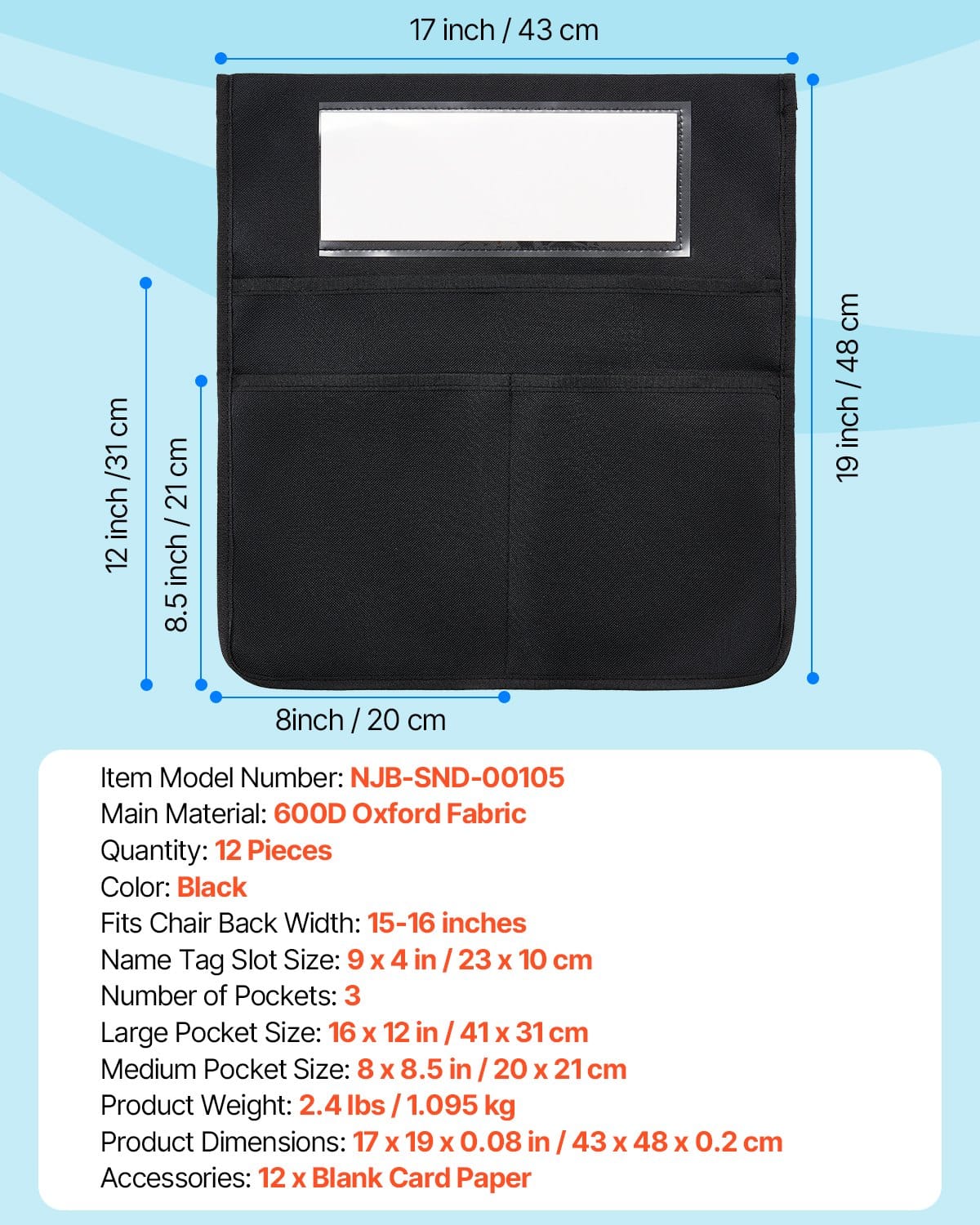 VEVOR 12-Pack Chair Pockets for Classroom, Black 43x48cm Organizer with Name Tag for Grades 6-12, Durable Oxford Fabric — изображение 7