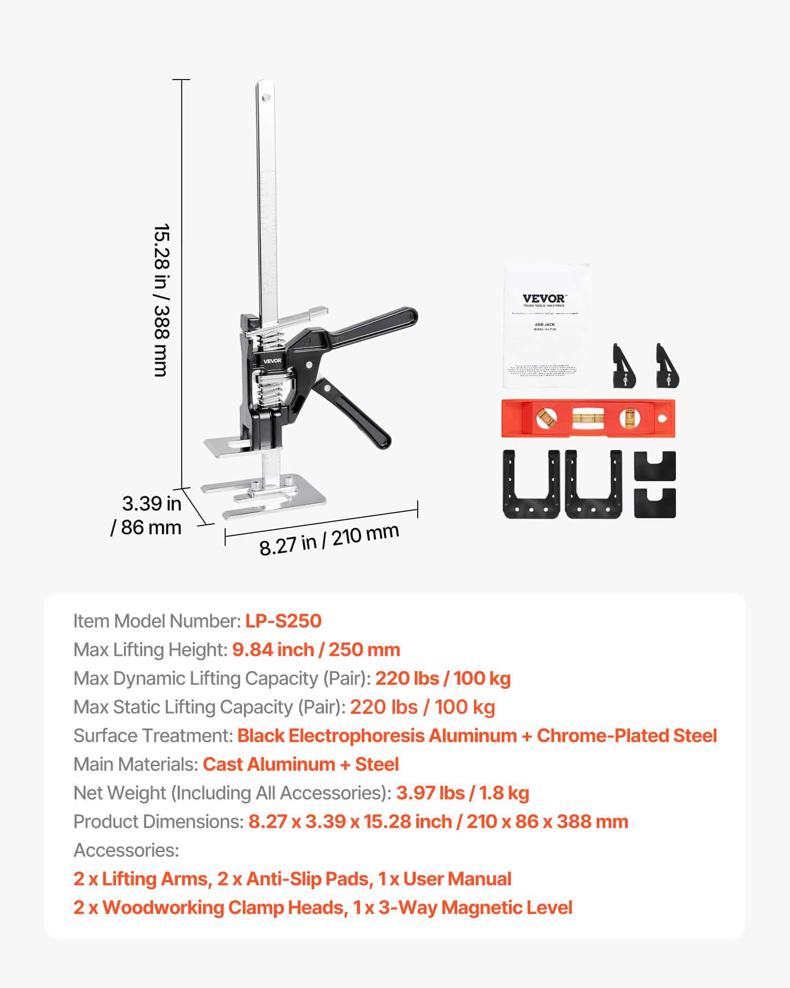 VEVOR Arm Jack 2 PCS, 150 kg Capacity, 250 mm Lift, Metal Hand Lifter with Magnetic Level for Doors, Windows, Furniture — изображение 7