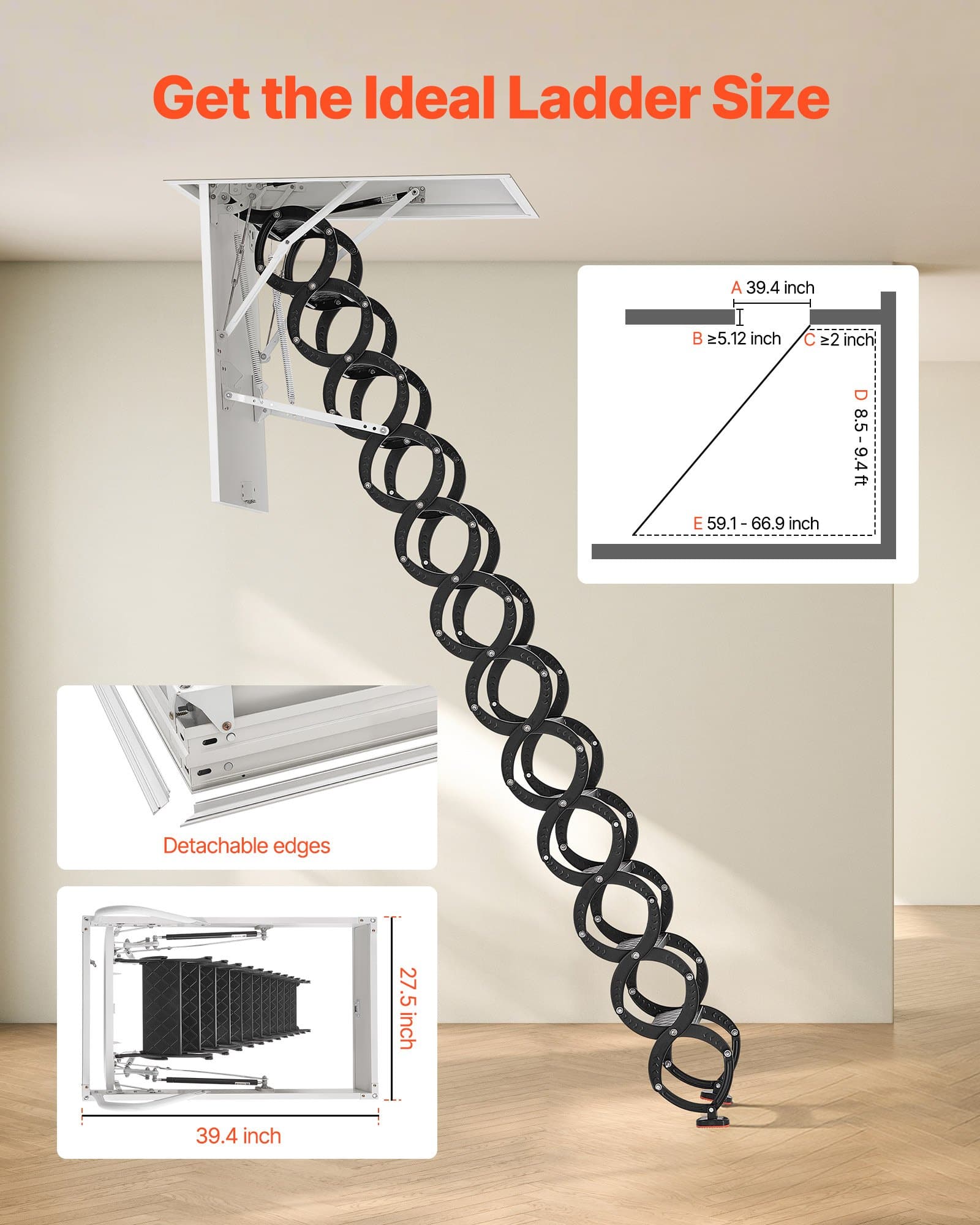 VEVOR Retractable Attic Ladder, Alloy Steel, 299.4kg Load, Fits 2.6–2.86m Ceiling, 100x70cm Opening, Hydraulic Support - Зображення 2