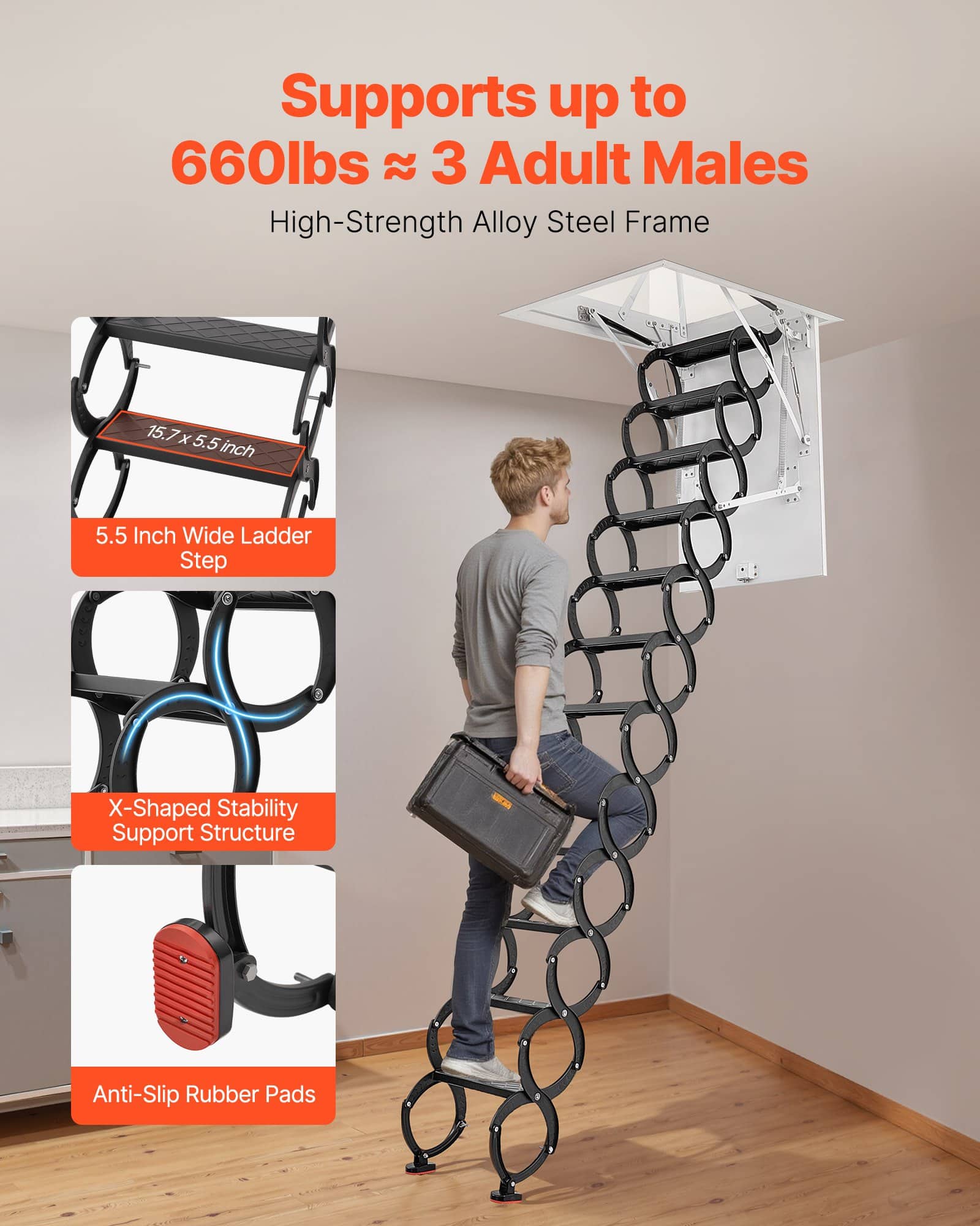 VEVOR Retractable Attic Ladder, Alloy Steel, 299.4kg Load, Fits 2.6–2.86m Ceiling, 100x70cm Opening, Hydraulic Support - Зображення 3