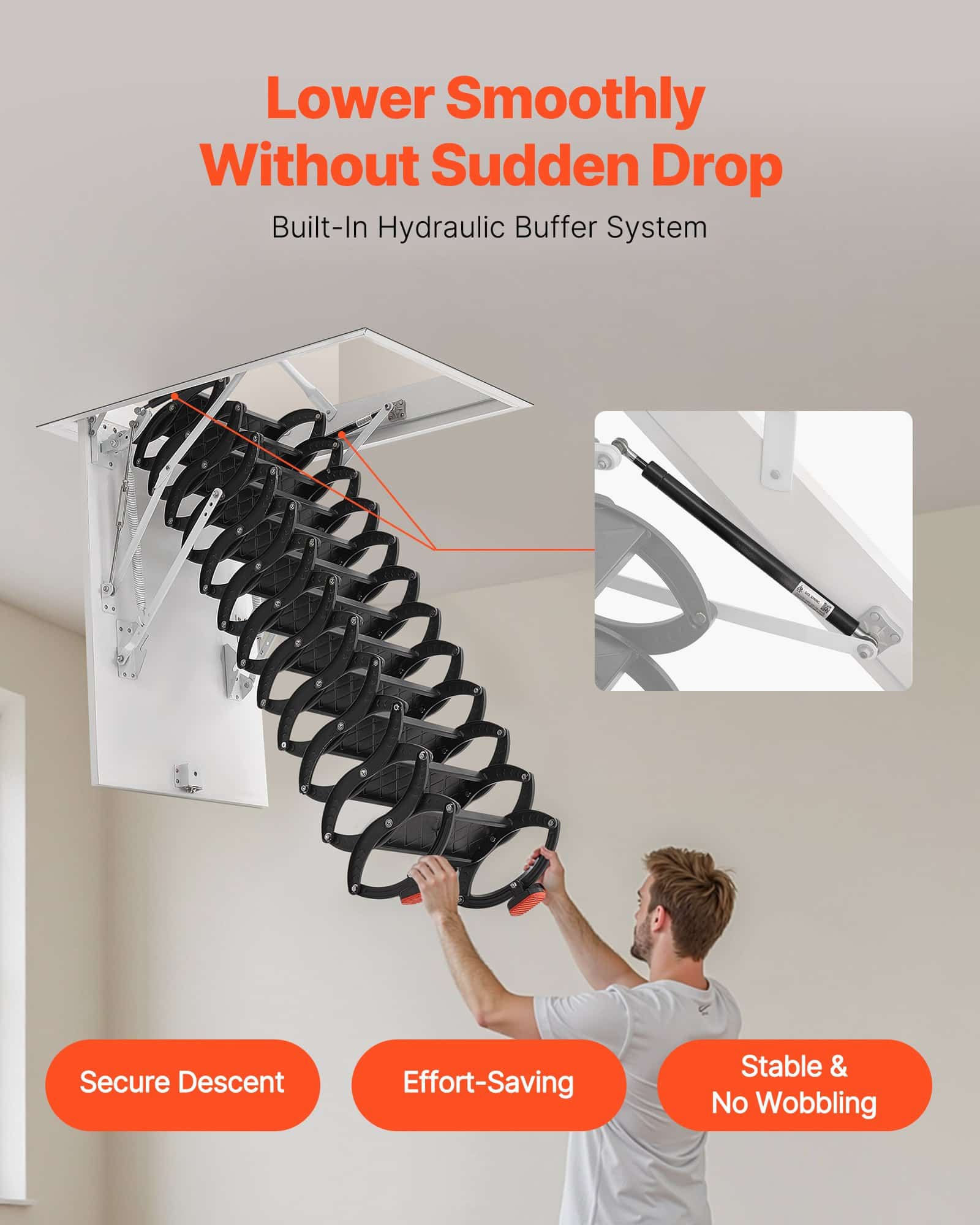 VEVOR Retractable Attic Ladder, Alloy Steel, 299.4kg Load, Fits 2.6–2.86m Ceiling, 100x70cm Opening, Hydraulic Support - Зображення 4
