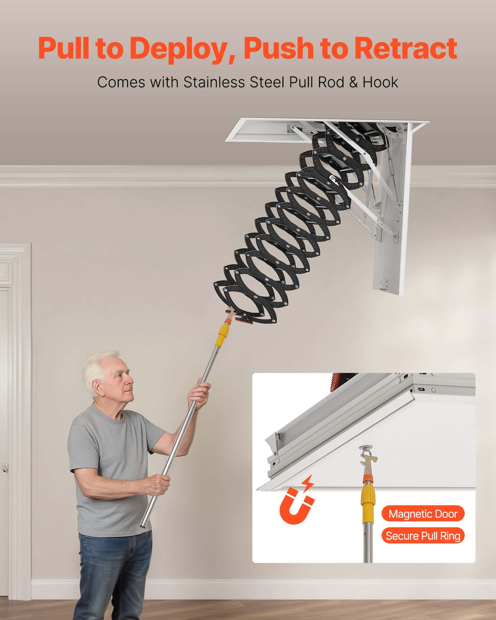 VEVOR Retractable Attic Ladder, Alloy Steel, 299.4kg Load, Fits 2.6–2.86m Ceiling, 100x70cm Opening, Hydraulic Support - Зображення 5