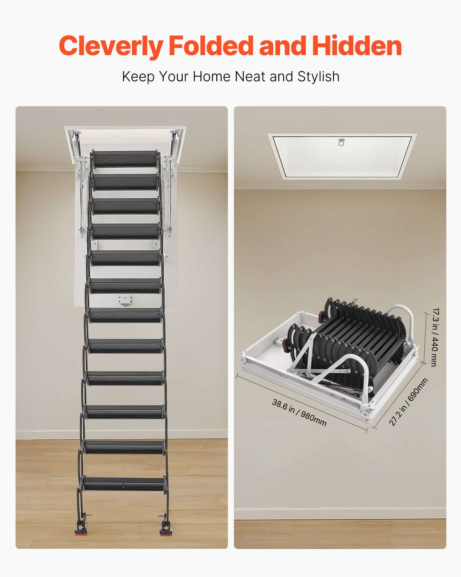 VEVOR Retractable Attic Ladder, Alloy Steel, 299.4kg Load, Fits 2.6–2.86m Ceiling, 100x70cm Opening, Hydraulic Support - Зображення 6
