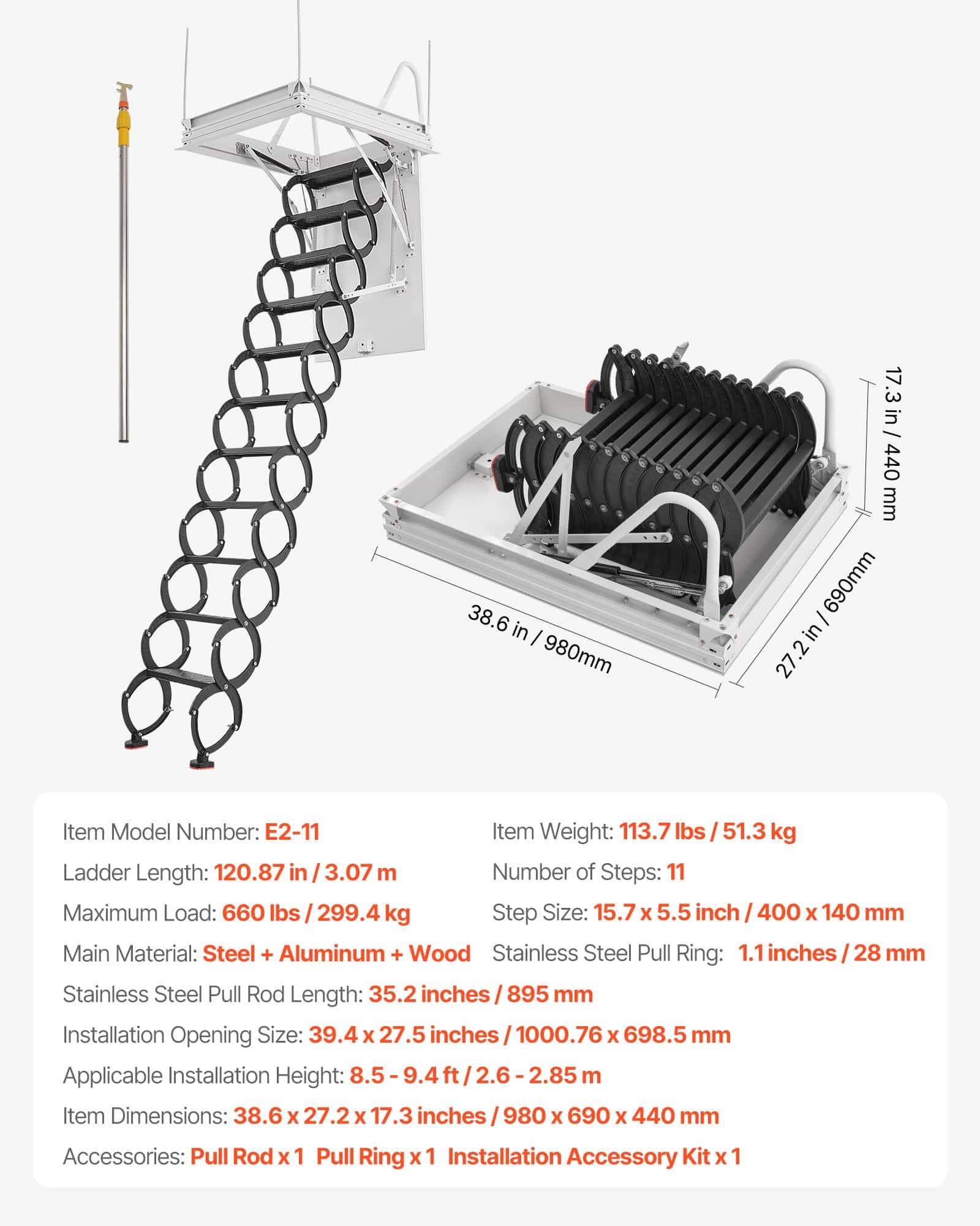 VEVOR Retractable Attic Ladder, Alloy Steel, 299.4kg Load, Fits 2.6–2.86m Ceiling, 100x70cm Opening, Hydraulic Support - Зображення 7