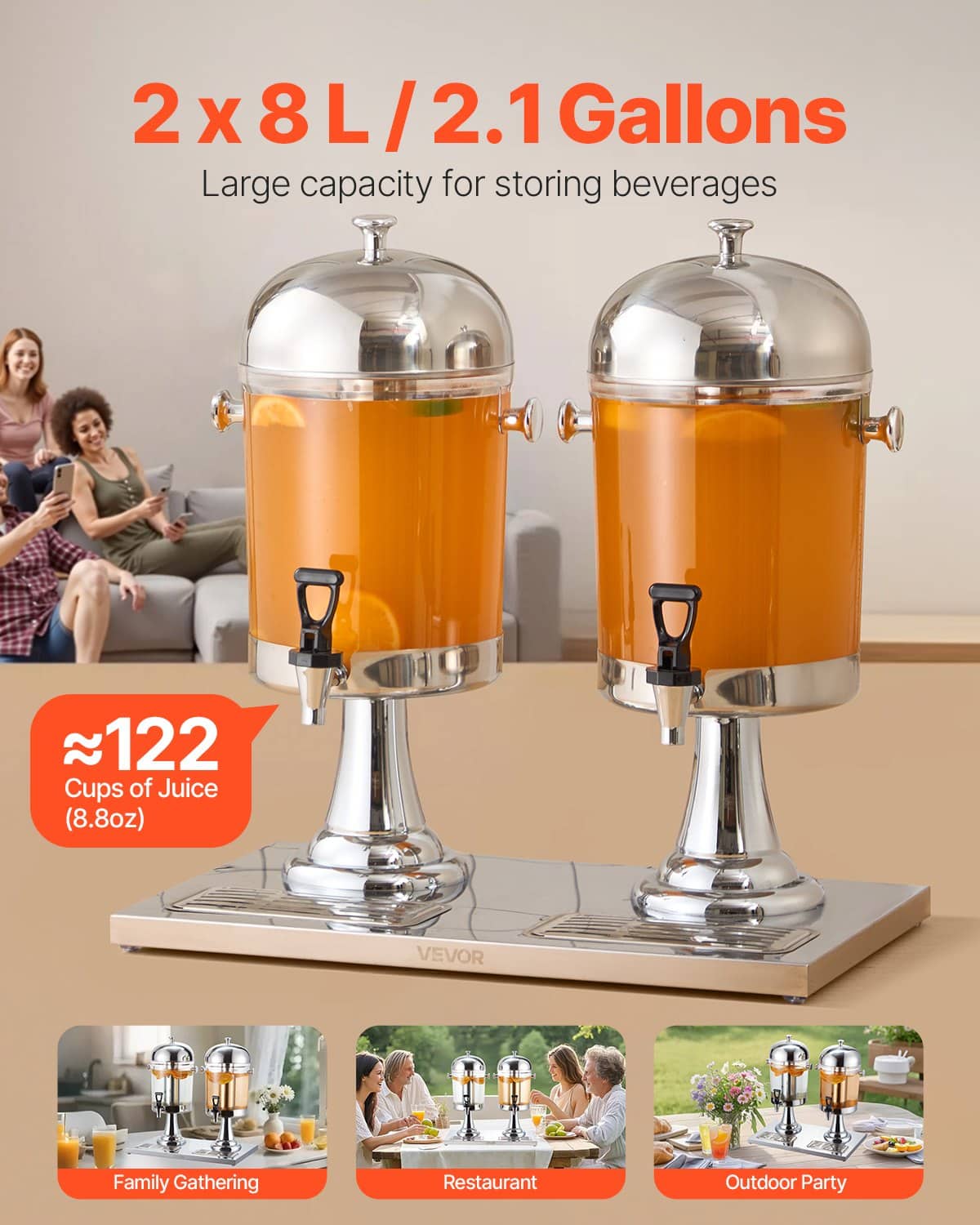 VEVOR 2 x 8L Beverage Dispenser with Spigot & Ice Chamber, Stainless Steel & Plastic Juice Dispenser for Parties & Events - Image 2