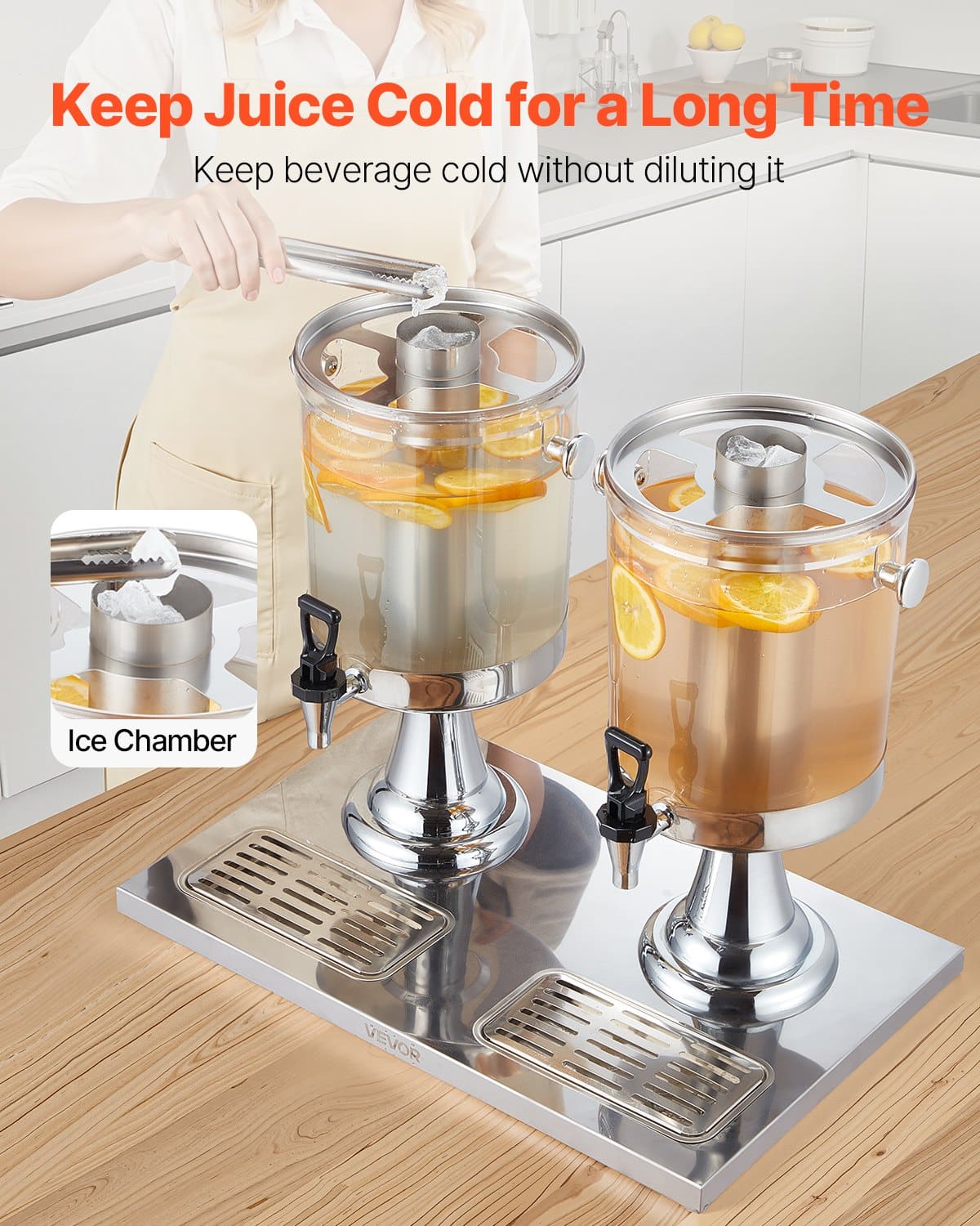 VEVOR 2 x 8L Beverage Dispenser with Spigot & Ice Chamber, Stainless Steel & Plastic Juice Dispenser for Parties & Events - Image 3