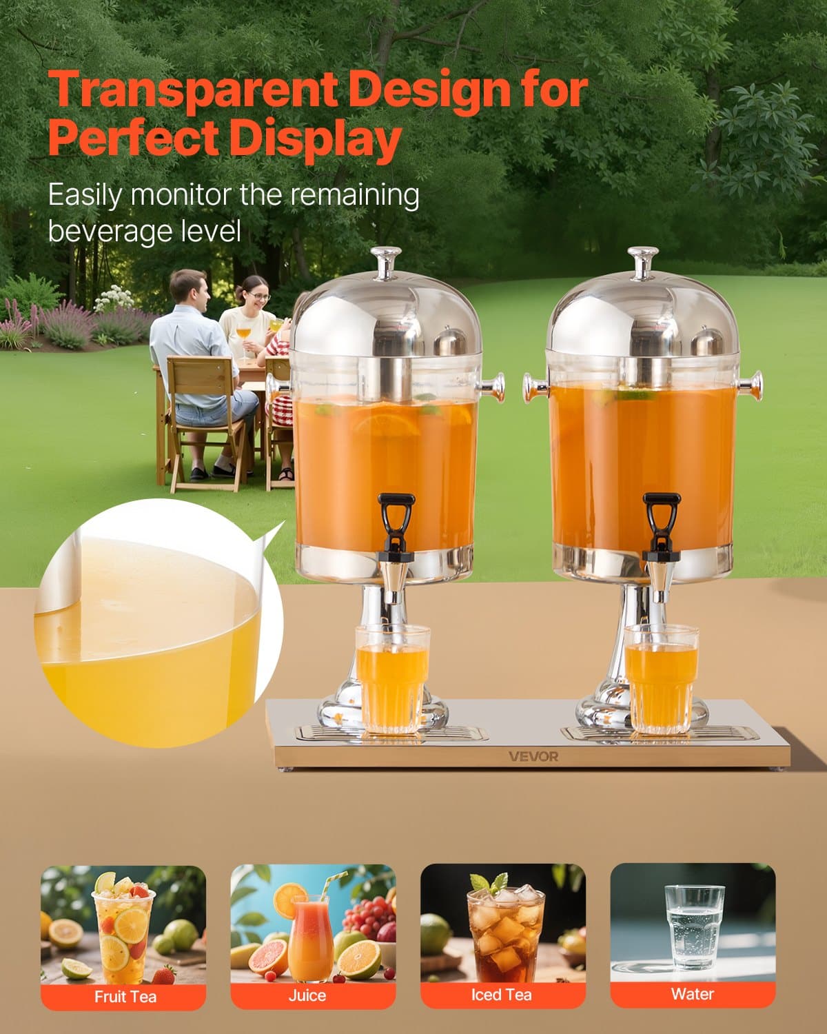 VEVOR 2 x 8L Beverage Dispenser with Spigot & Ice Chamber, Stainless Steel & Plastic Juice Dispenser for Parties & Events - Image 4