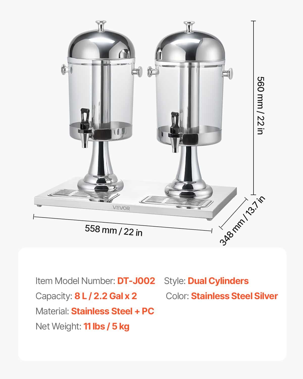 VEVOR 2 x 8L Beverage Dispenser with Spigot & Ice Chamber, Stainless Steel & Plastic Juice Dispenser for Parties & Events - Image 7