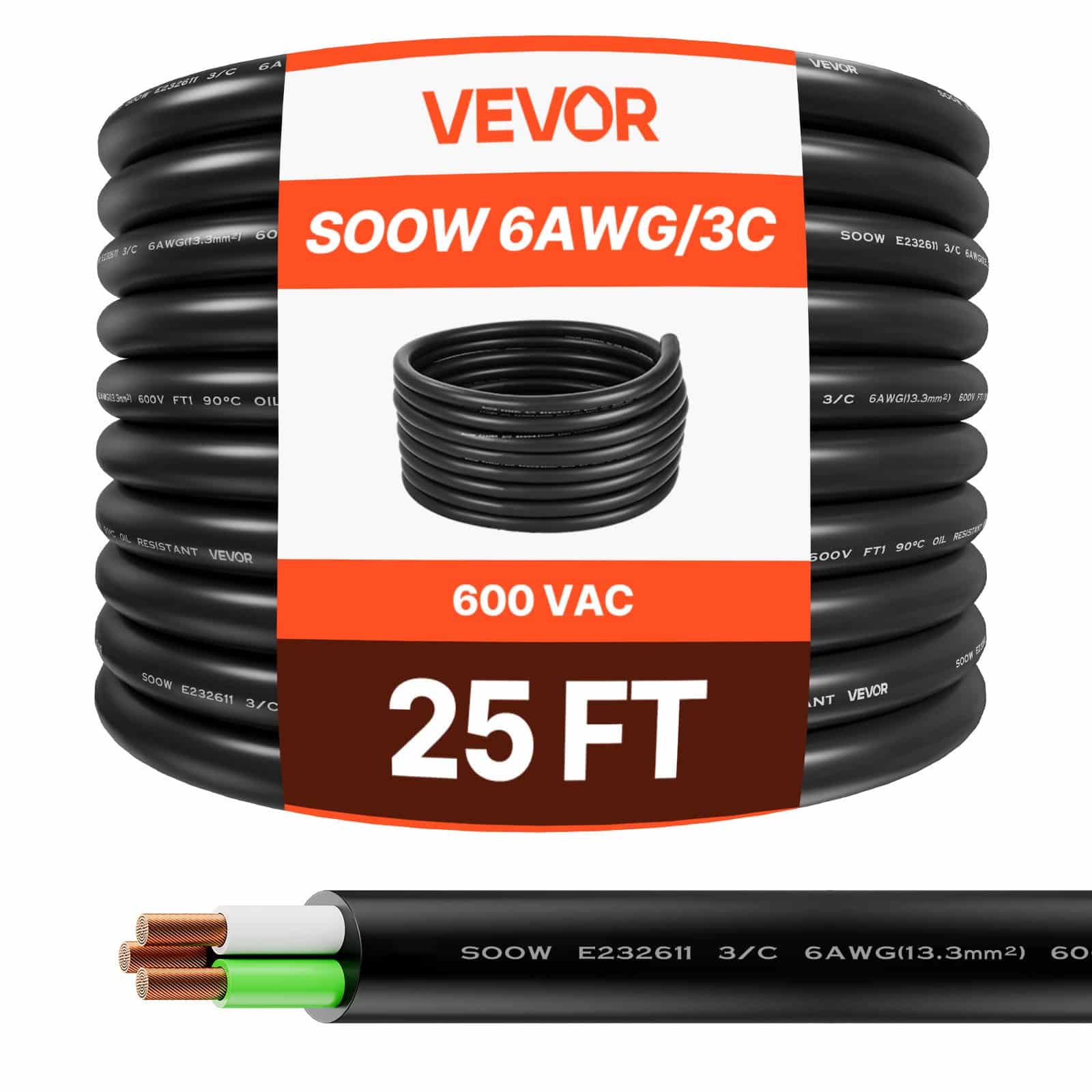VEVOR 7,62 m 6AWG (16 mm²) vastupidav elektripikendusjuhe, vaskjuhtmega, 600V, sobib välitingimustesse