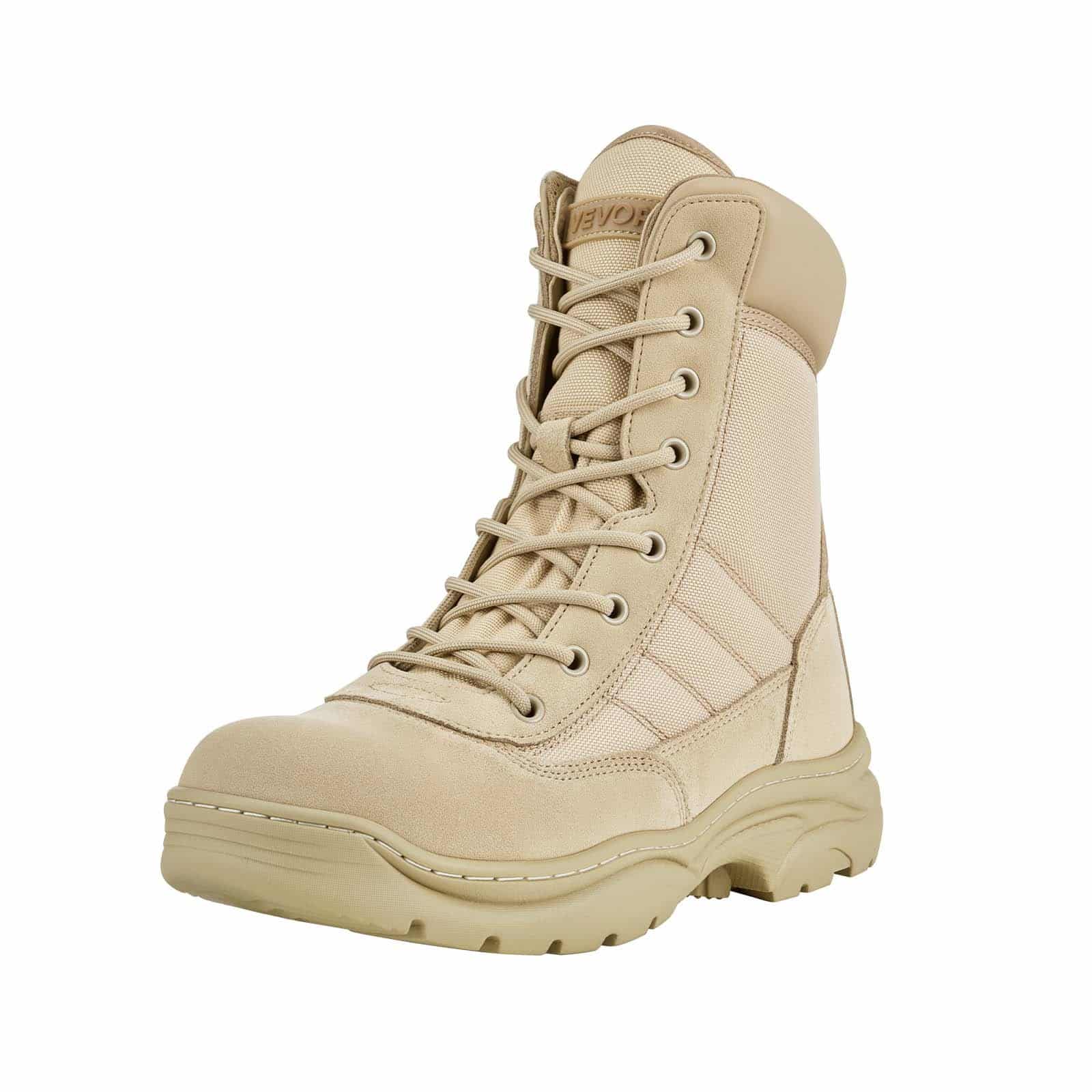 VEVOR Men's Tactical Combat Boots, 203mm High, Size UK 11, Breathable Lightweight Boots with Side Zipper, Sand Color
