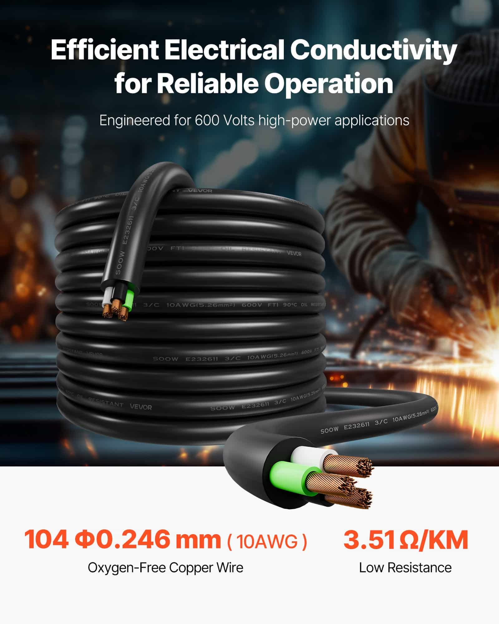 VEVOR 30.48m 6mm² Copper Power Extension Cable – Heavy-Duty 600V Electrical Cord with CPE Jacket for Industrial Use - Зображення 2