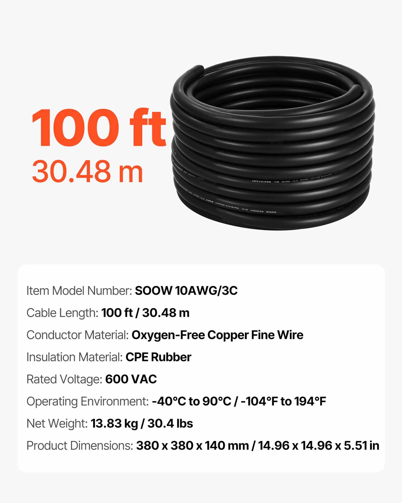 VEVOR 30.48m 6mm² Copper Power Extension Cable – Heavy-Duty 600V Electrical Cord with CPE Jacket for Industrial Use - Зображення 7