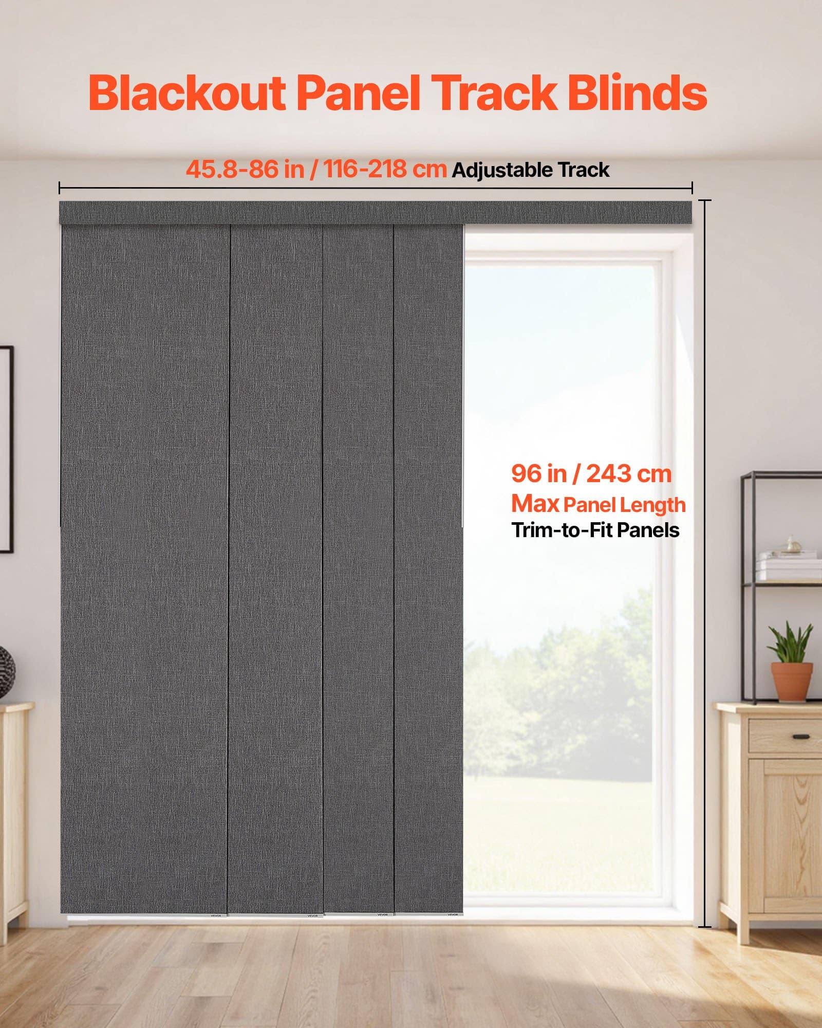 VEVOR Dark Gray Blackout Panel Track Blinds, 116–218cm Adjustable Width, 243cm Height, for Sliding Doors & Room Dividers - Image 2