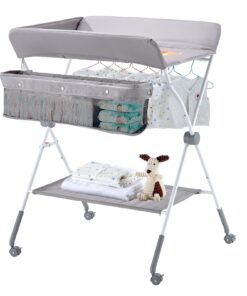 Складной детский пеленальный стол VEVOR с регулируемой высотой, запираемыми колесами и корзиной для хранения, светло-серый