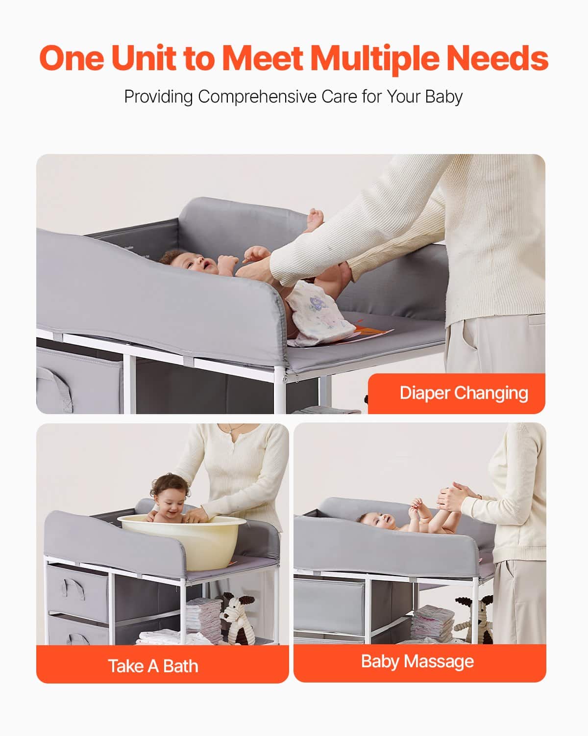 VEVOR Adjustable Baby Changing Table with Storage, 3 Drawers, Lockable Wheels, Portable & Multi-Functional, Grey - Pilt 6