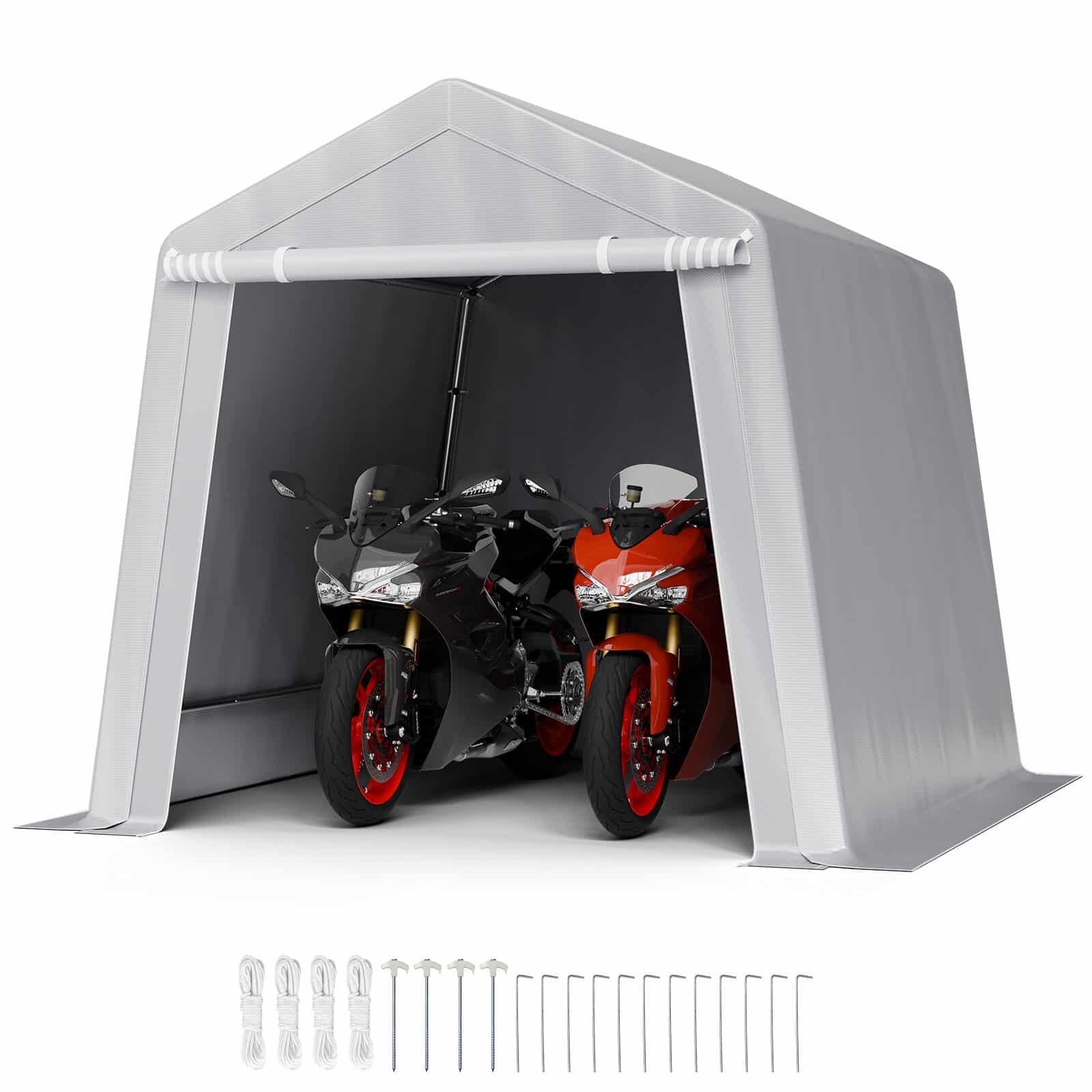 VEVOR 8x8 m Outdoor Storage Tent with Waterproof PE Canopy, Roll-up Door, Heavy-Duty Frame, for Bikes, Tools, Grey
