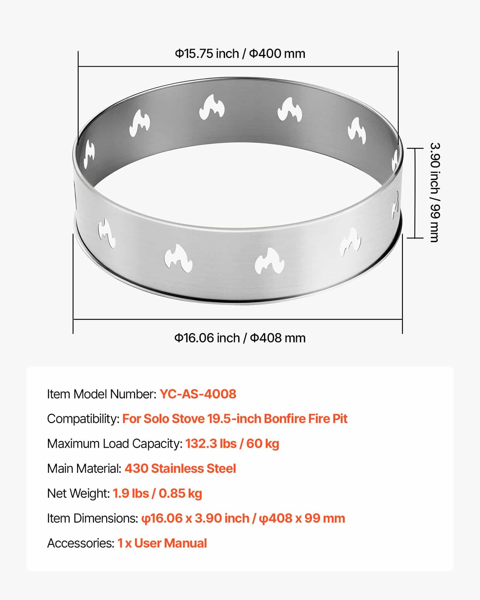 VEVOR Stainless Steel Fire Pit Stand for Solo Stove Bonfire 49.5 cm – Rust-Resistant, Portable Outdoor Fireplace Support — attēls 7