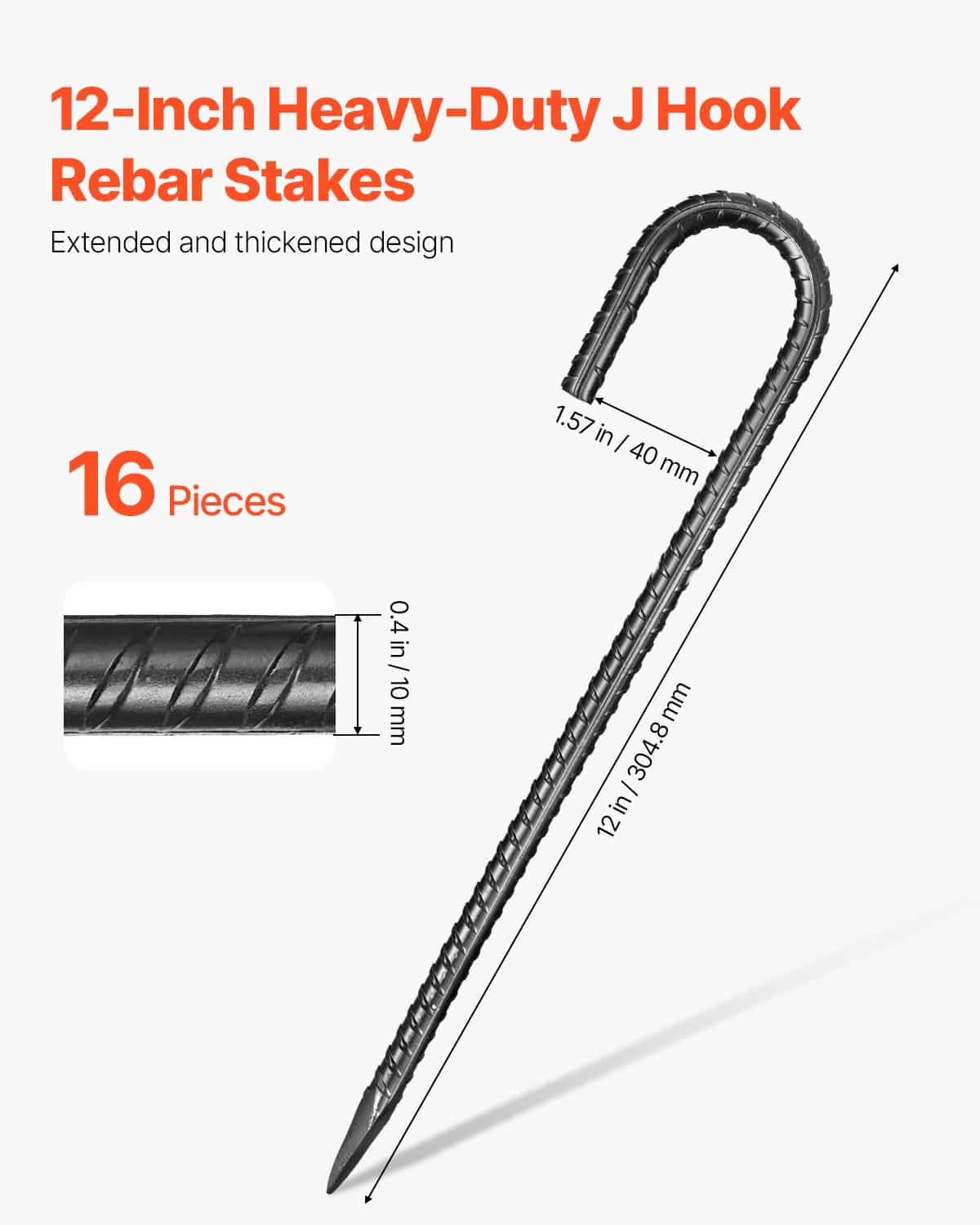VEVOR 305 mm Heavy Duty Rebar Stakes 16-Pack – Galvanized J-Hook Ground Anchors for Outdoor Use, Rust-Resistant — изображение 2