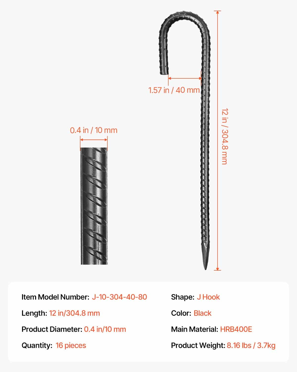 VEVOR 305 mm Heavy Duty Rebar Stakes 16-Pack – Galvanized J-Hook Ground Anchors for Outdoor Use, Rust-Resistant — изображение 7