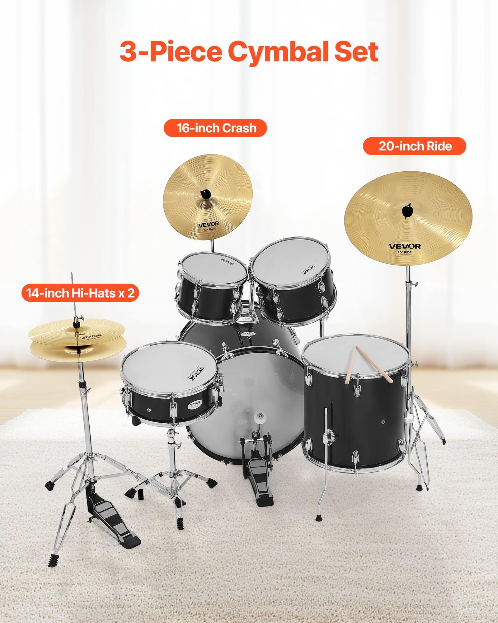 VEVOR 3-Piece Cymbal Set with 355/406/508 mm Hi-Hat, Crash & Ride – Low Noise, Durable Alloy for Jazz, Rock, Pop + Bag - Зображення 2