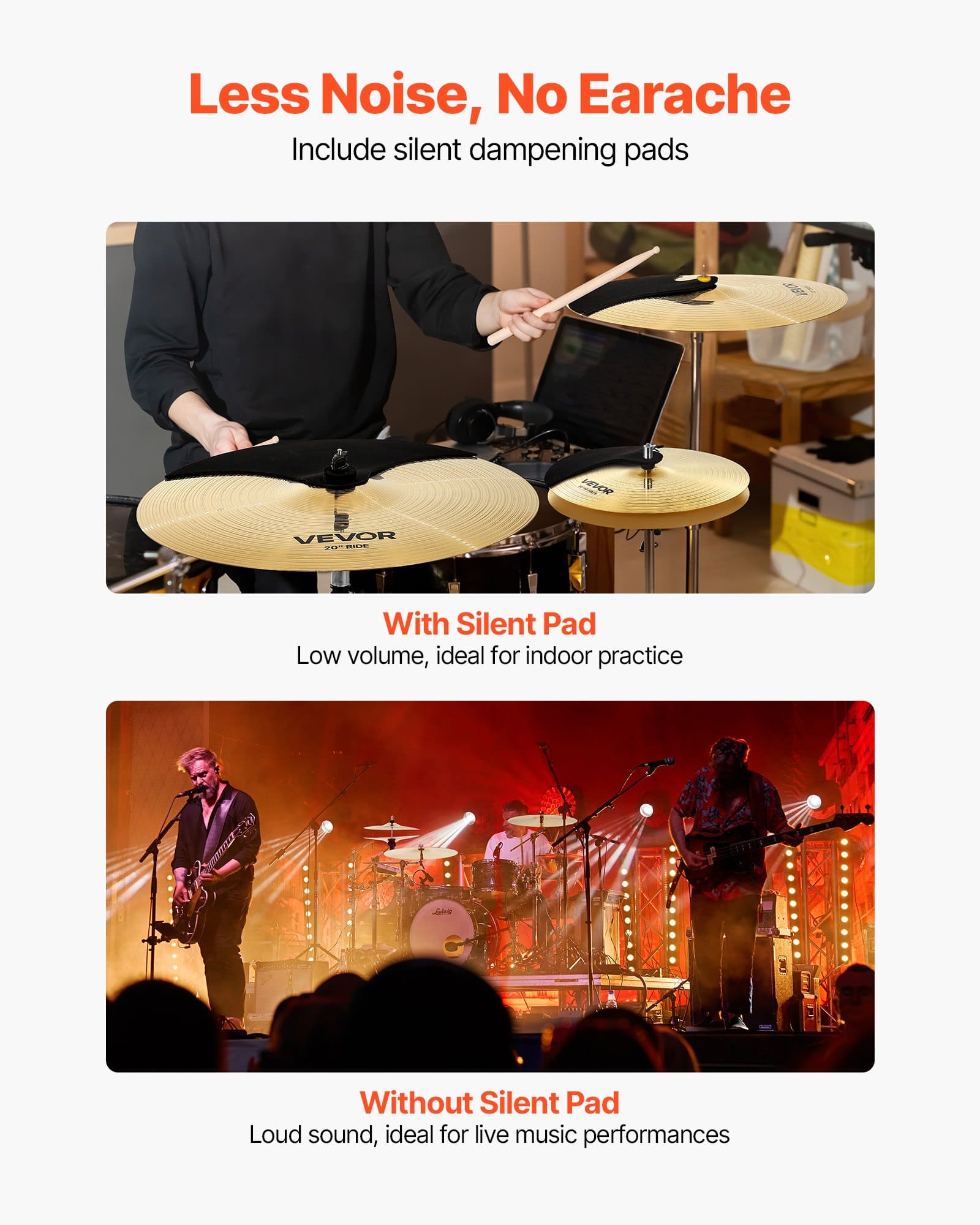 VEVOR 3-Piece Cymbal Set with 355/406/508 mm Hi-Hat, Crash & Ride – Low Noise, Durable Alloy for Jazz, Rock, Pop + Bag - Зображення 4