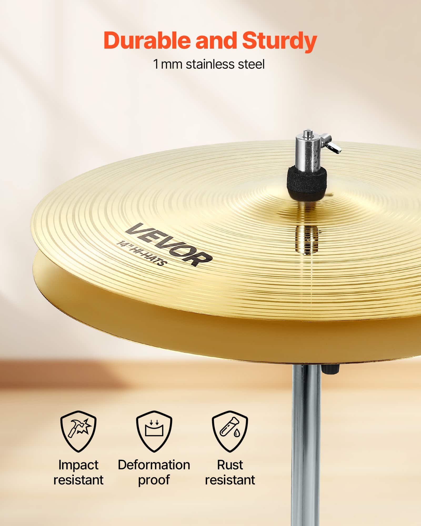VEVOR 3-Piece Cymbal Set with 355/406/508 mm Hi-Hat, Crash & Ride – Low Noise, Durable Alloy for Jazz, Rock, Pop + Bag - Зображення 5