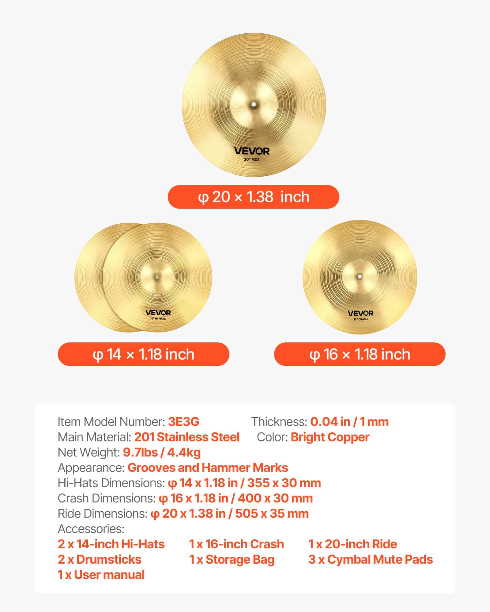 VEVOR 3-Piece Cymbal Set with 355/406/508 mm Hi-Hat, Crash & Ride – Low Noise, Durable Alloy for Jazz, Rock, Pop + Bag - Зображення 7