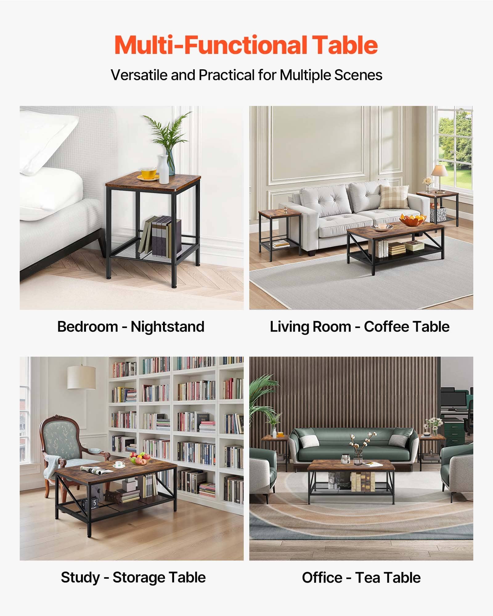 VEVOR 3-Piece Industrial Coffee Table Set – 105 cm Wood Grain Table with 2 Side Tables, Metal Legs, Easy Assembly, Living Room - Зображення 6