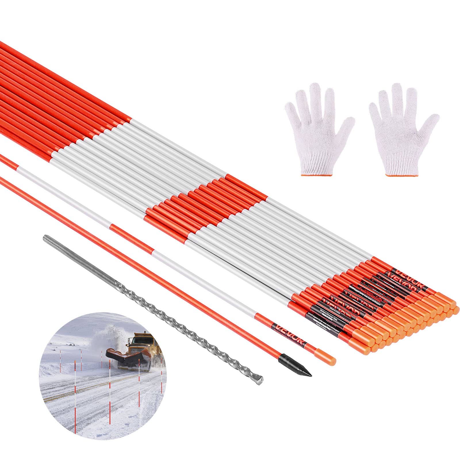 VEVOR 122cm Fiberglass Driveway Markers 20pcs, Reflective Poles with Drill Bits for Snow Plowing, Parking & Walkways