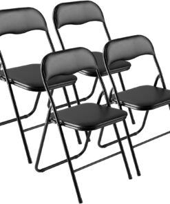 VEVOR Set of 4 Folding Chairs – Black Leather, Padded, Heavy-Duty Metal Frame, Portable & Stackable for Home and Events