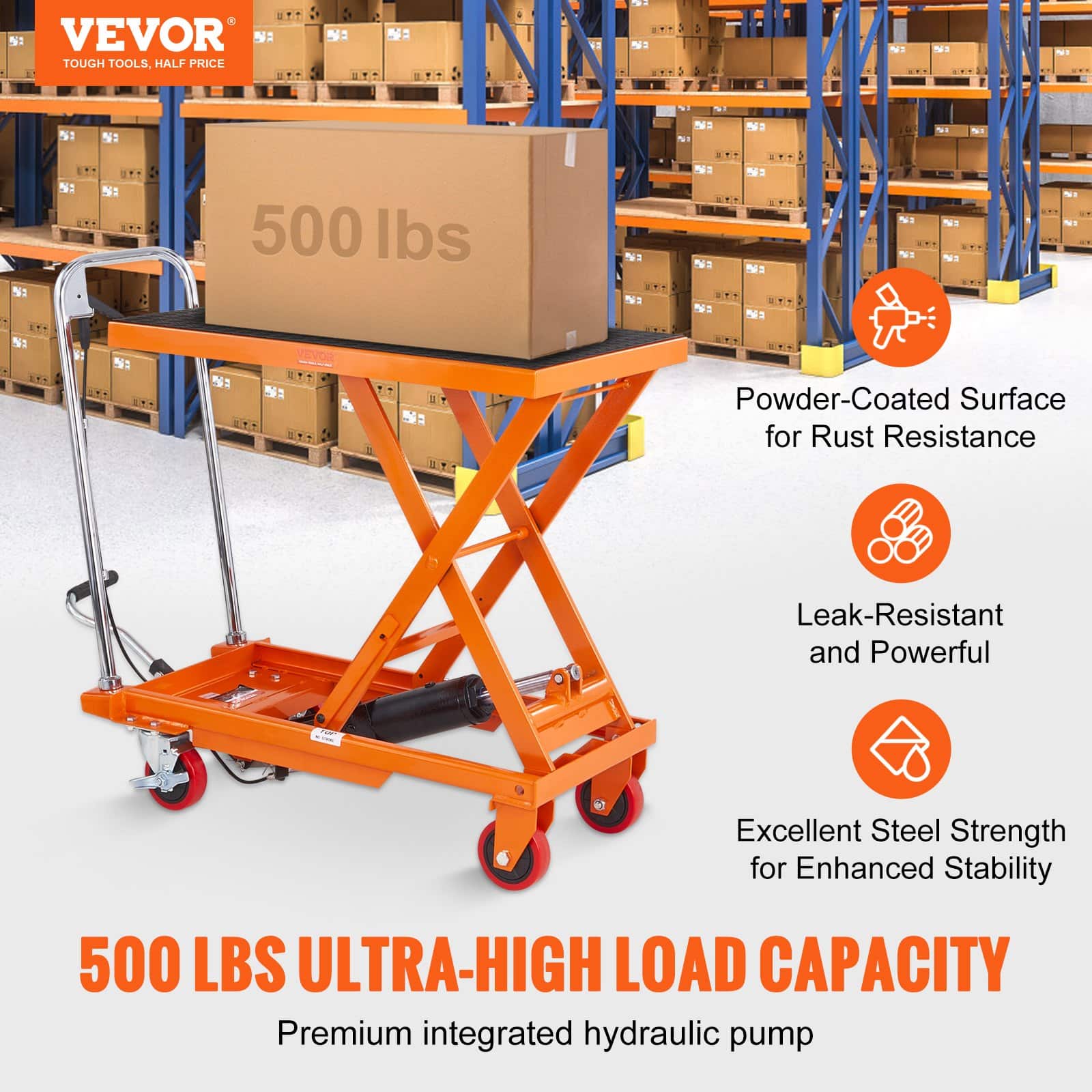 VEVOR Hydraulic Lift Table Cart, 227kg Capacity, 72cm Lift Height, Manual Scissor Lift Trolley with Wheels, Orange - Image 2