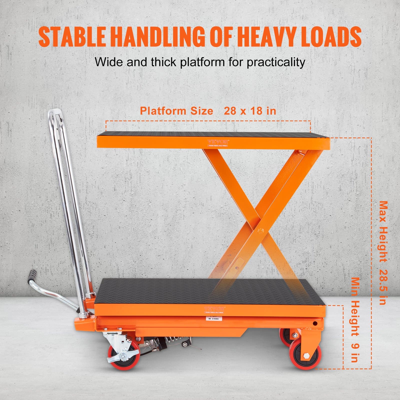 VEVOR Hydraulic Lift Table Cart, 227kg Capacity, 72cm Lift Height, Manual Scissor Lift Trolley with Wheels, Orange - Image 3