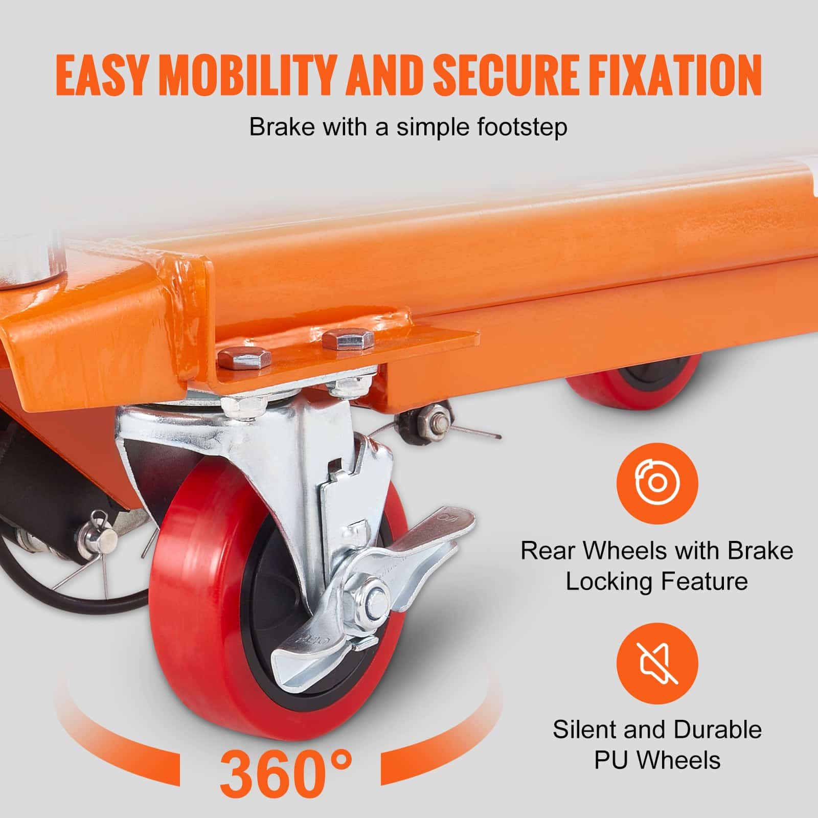VEVOR Hydraulic Lift Table Cart, 227kg Capacity, 72cm Lift Height, Manual Scissor Lift Trolley with Wheels, Orange - Image 4