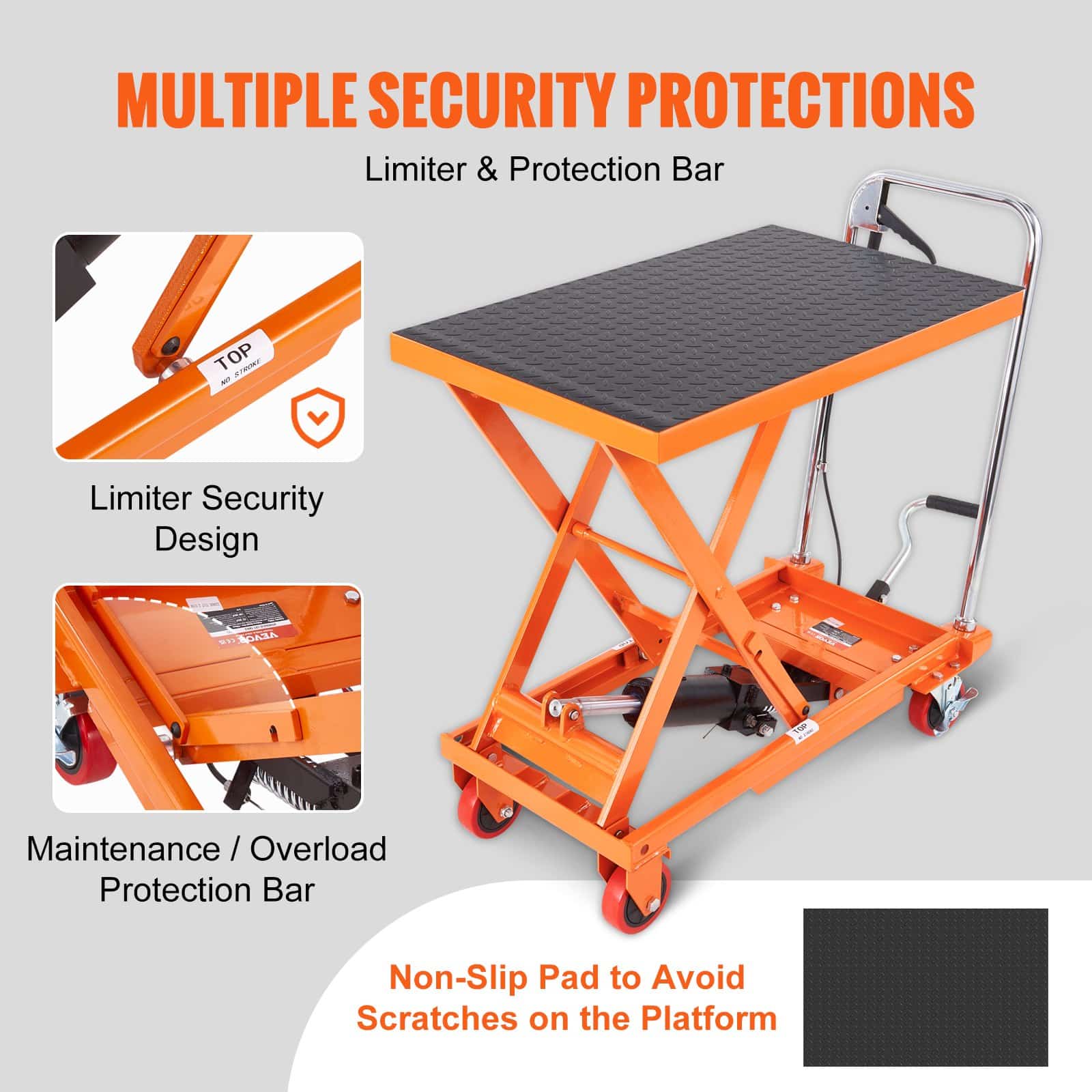 VEVOR Hydraulic Lift Table Cart, 227kg Capacity, 72cm Lift Height, Manual Scissor Lift Trolley with Wheels, Orange - Image 5